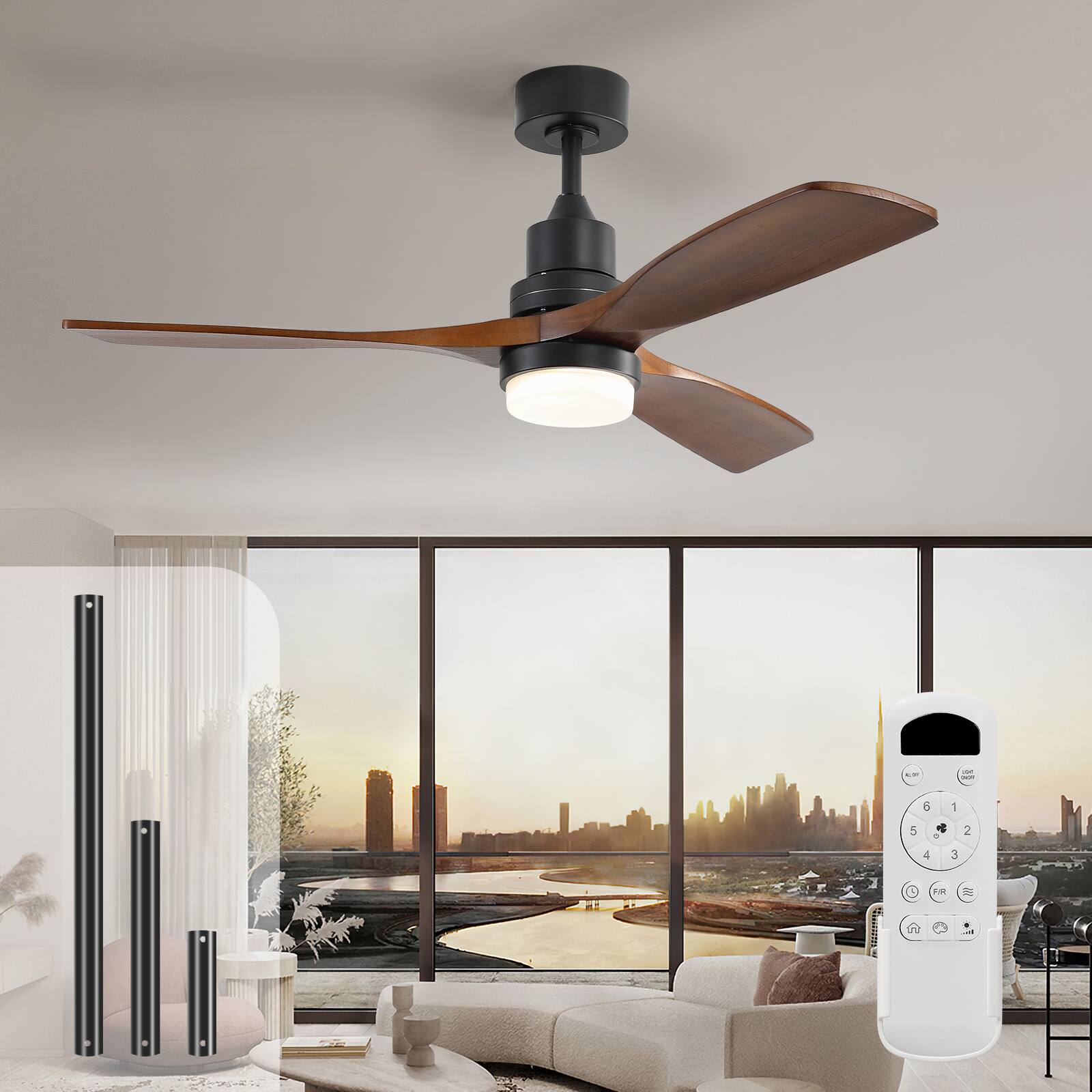 Alt View 8. Sofucor - Sofucor 52'' Indoor Outdoor Ceiling Fan Light Kits with Remote 3 Wood Blades High CFM Quiet DC Motor Modern Ceiling Fan - Black Walnut Wood.