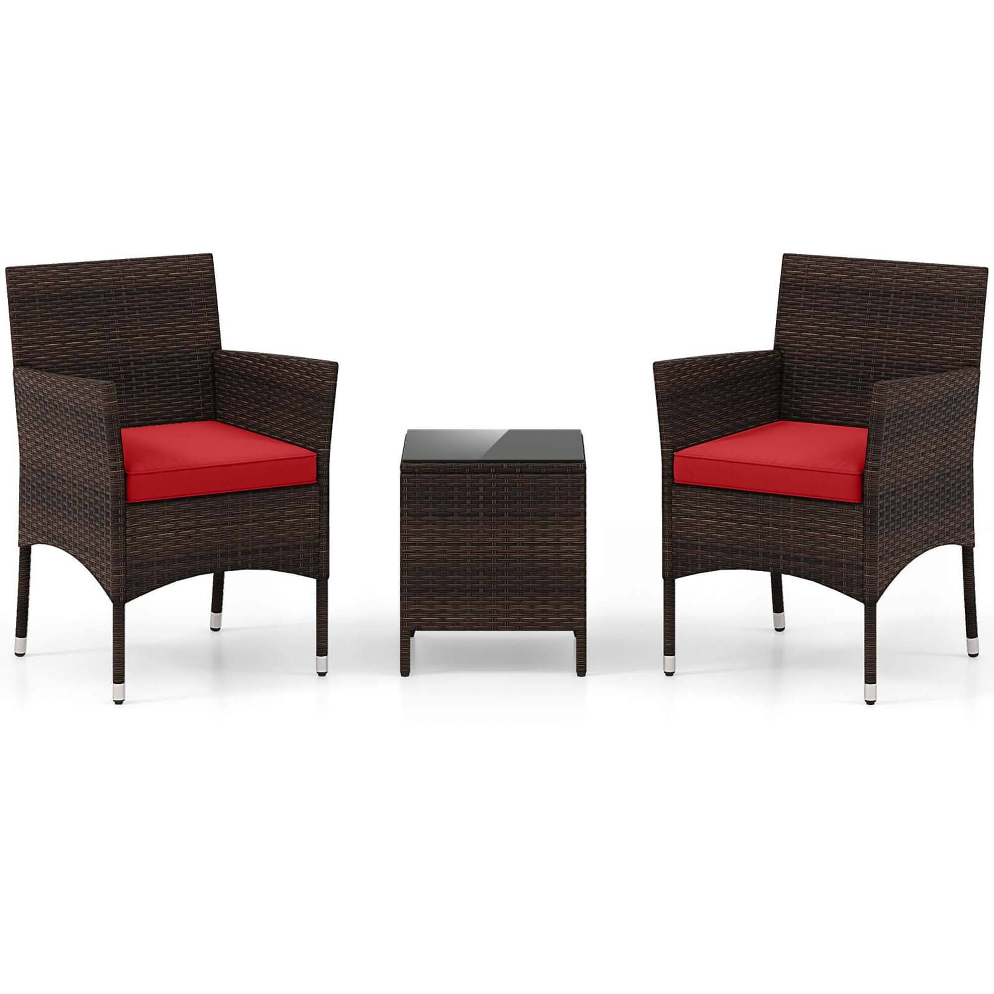 Angle. Costway - 3 PCS Outdoor Conversation Set with Cushioned Seat & Tempered Glass Tabletop - Red,Mix Brown.