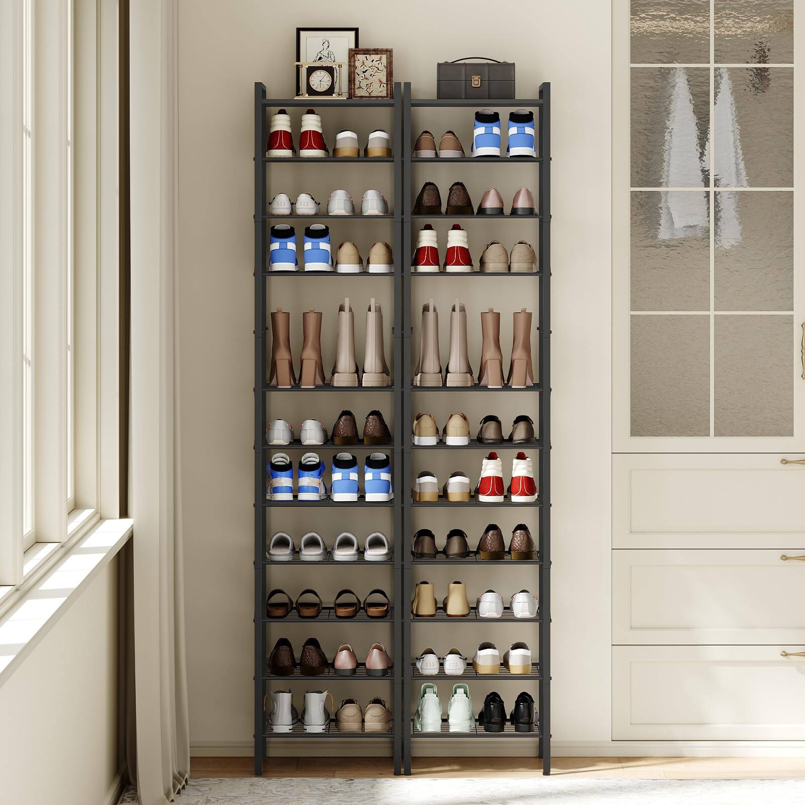 Left. Reds Spade - 12 Tier Narrow Shoe Rack Tall Shoe Rack 12 24 Pairs Slim Shoe Storage Organizer Top Space Saving - Rustic Brown + Black 16.5" x 10.4" x 67".