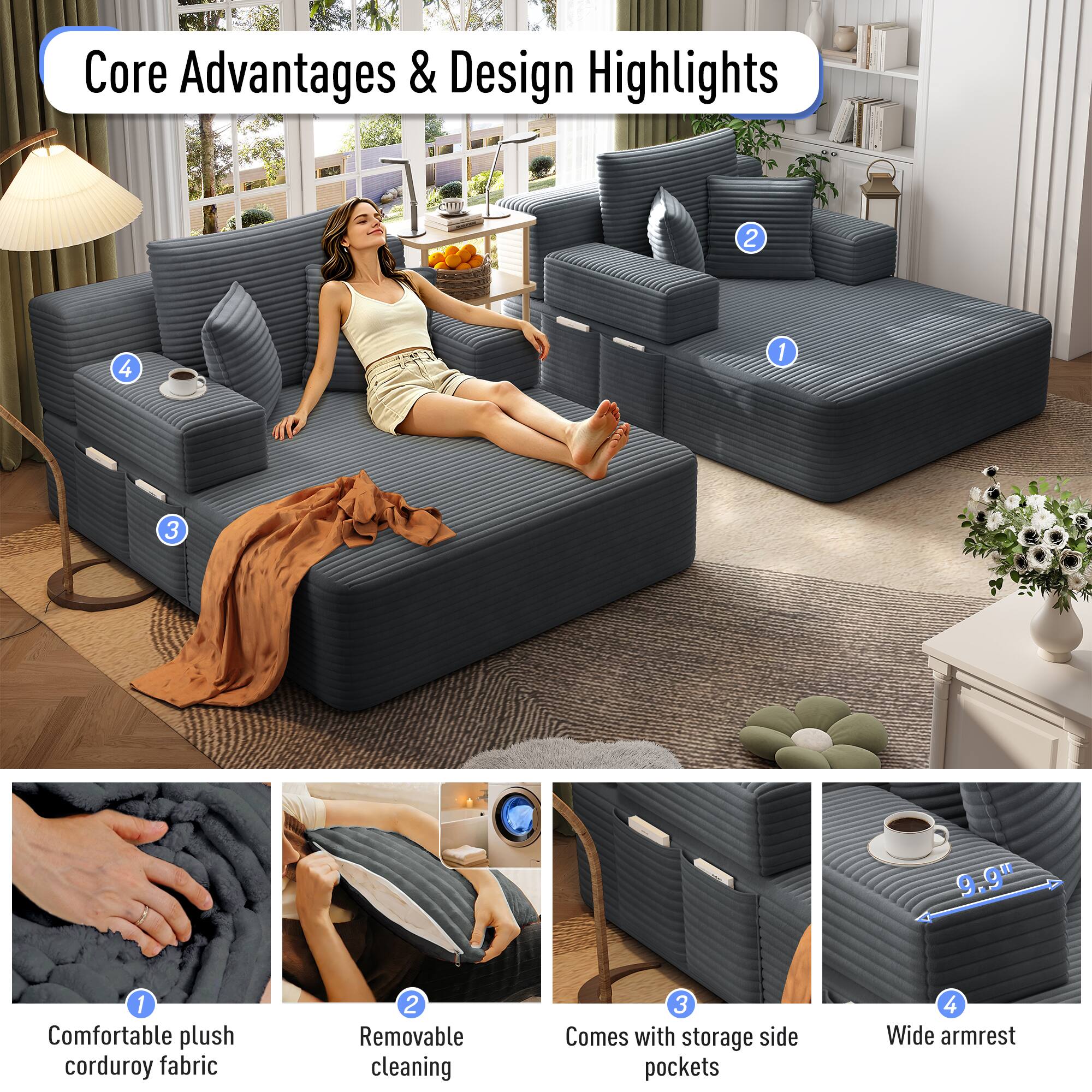 Core Advantages & Design Highlights

1. Comfortable plush corduroy fabric
2. Removable cleaning
3. Comes with storage side pockets
4. Wide armrest