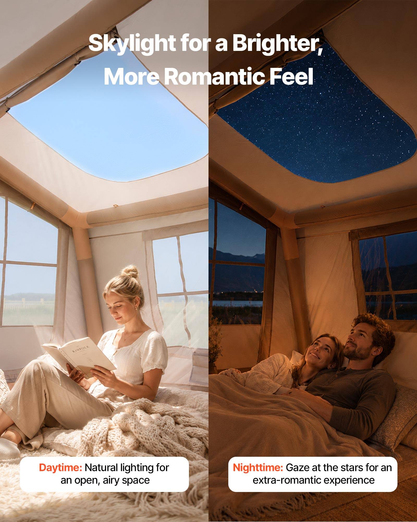Skylight for a Brighter, More Romantic Feel

Daytime: Natural lighting for an open, airy space

Nighttime: Gaze at the stars for an extra-romantic experience