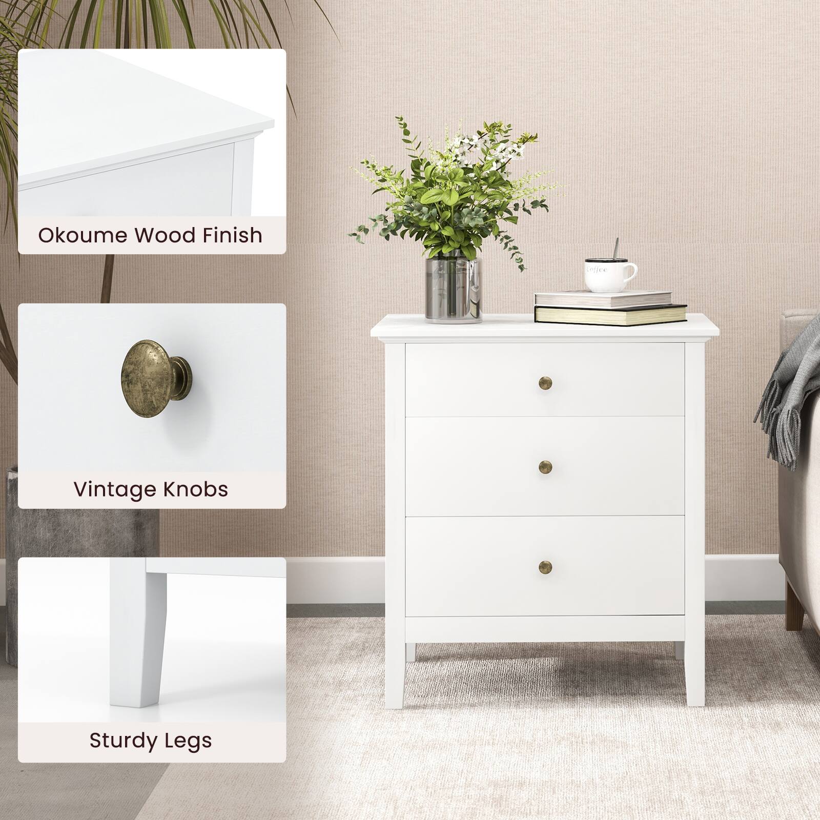 - Okoume Wood Finish
- Vintage Knobs
- Sturdy Legs