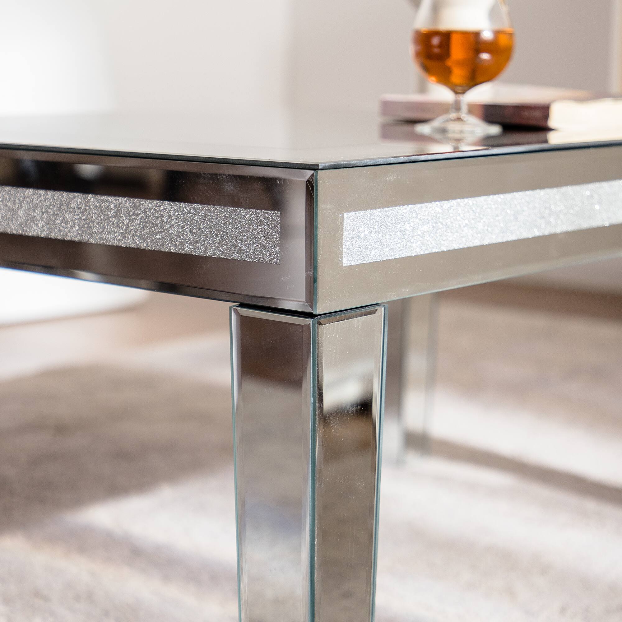 Back. TinyHomie - Silver Coffee Tables for Living Room with Dazzling Crushed Crystal Border Clear Glass Rectangle Center Table.