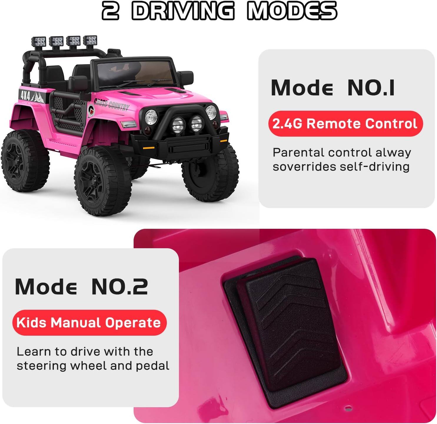 2 DRIVING MODES

Mode NO.1  
2.4G Remote Control  
Parental control always overrides self-driving

Mode NO.2  
Kids Manual Operate  
Learn to drive with the steering wheel and pedal