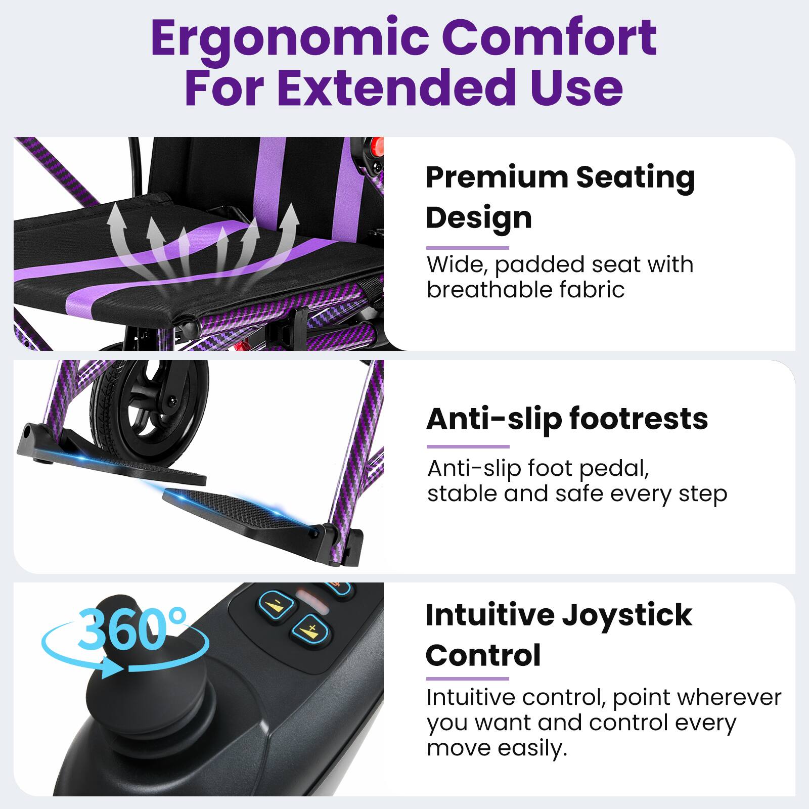 Ergonomic Comfort For Extended Use

Premium Seating Design
Wide, padded seat with breathable fabric

Anti-slip footrests
Anti-slip foot pedal, stable and safe every step

360° Intuitive Joystick Control
Intuitive control, point wherever you want and control every move easily.