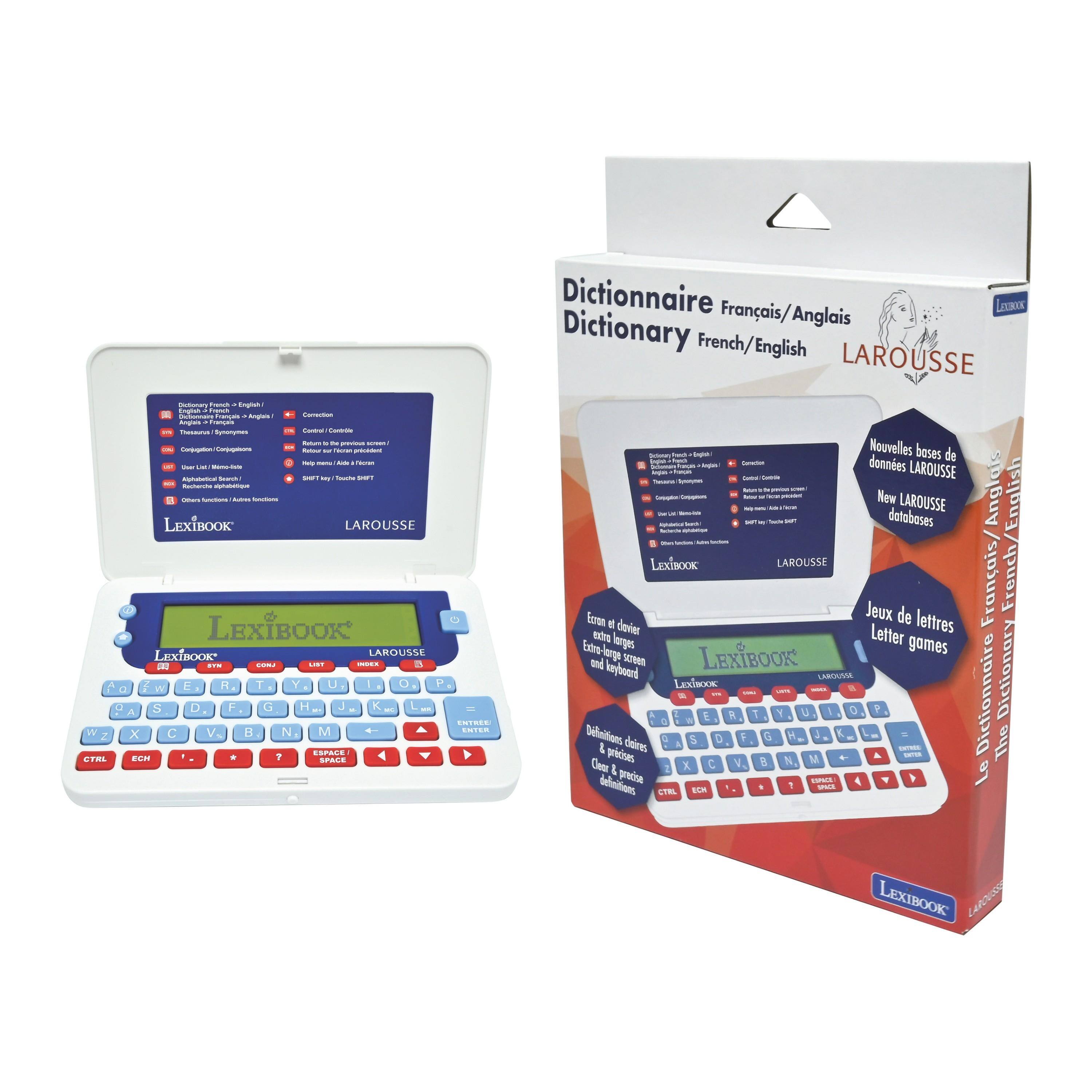 Dictionnaire Français/Anglais  
Dictionary French/English  
LAROUSSE  

LexiBOOK  

Nouvelles bases de données LAROUSSE  
New LAROUSSE databases  

Jeux de lettres Français/Anglais  
Letter games French/English  

Dictionnaire Français/Anglais  
Dictionary French/English  
LAROUSSE  

LexiBOOK  

Nouvelles bases de données LAROUSSE  
New LAROUSSE databases  

Écran et clavier  
Large screen and keyboard  

Définitions claires  
Clear definitions  

40 000 mots  
40,000 words  

LexiBOOK  
LAROUSSE