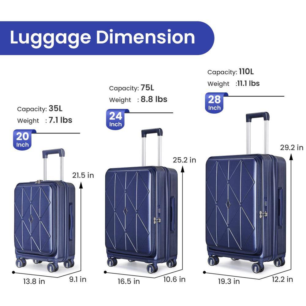 Luggage Dimension

20 Inch
- Capacity: 35L
- Weight: 7.1 lbs
- Dimensions: 13.8 in x 9.1 in x 21.5 in

24 Inch
- Capacity: 75L
- Weight: 8.8 lbs
- Dimensions: 16.5 in x 10.6 in x 25.2 in

28 Inch
- Capacity: 110L
- Weight: 11.1 lbs
- Dimensions: 19.3 in x 12.2 in x 29.2 in