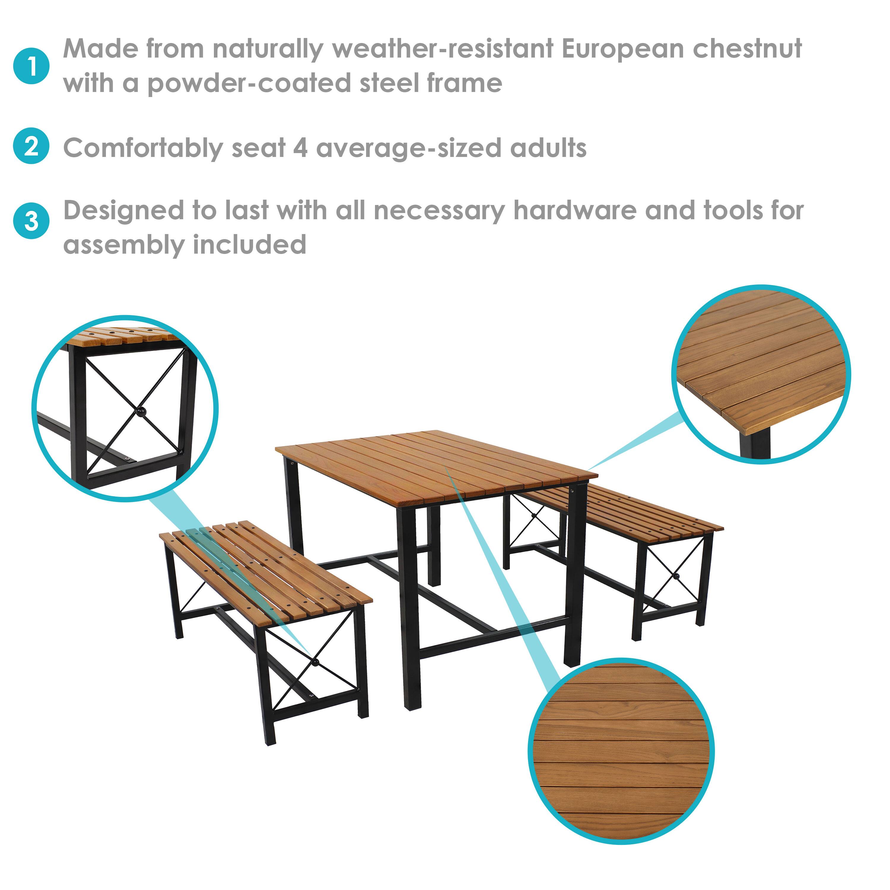 1. Made from naturally weather-resistant European chestnut with a powder-coated steel frame  
2. Comfortably seat 4 average-sized adults  
3. Designed to last with all necessary hardware and tools for assembly included