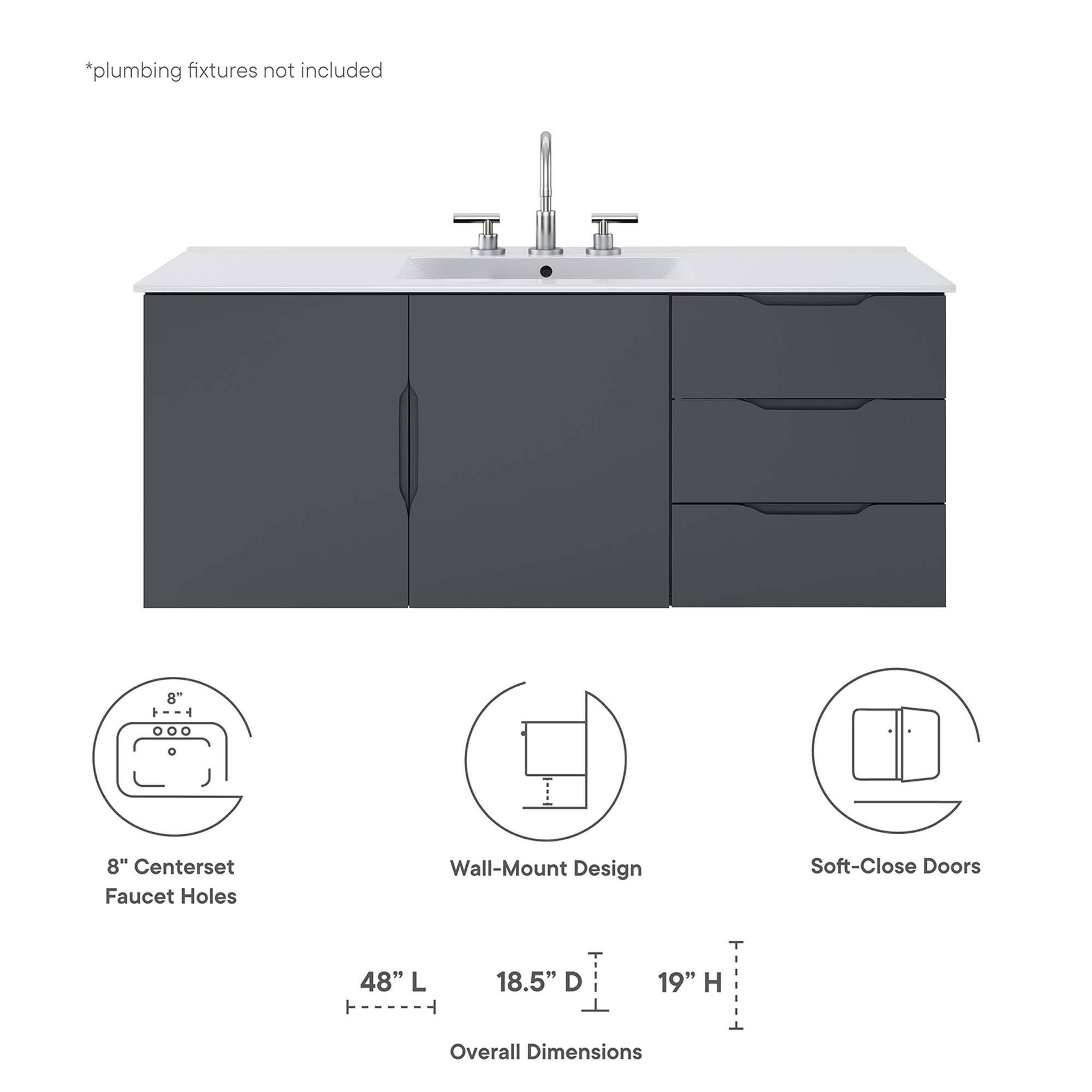 *plumbing fixtures not included

8" Centerset Faucet Holes  
Wall-Mount Design  
Soft-Close Doors  

48" L  
18.5" D  
19" H  

Overall Dimensions