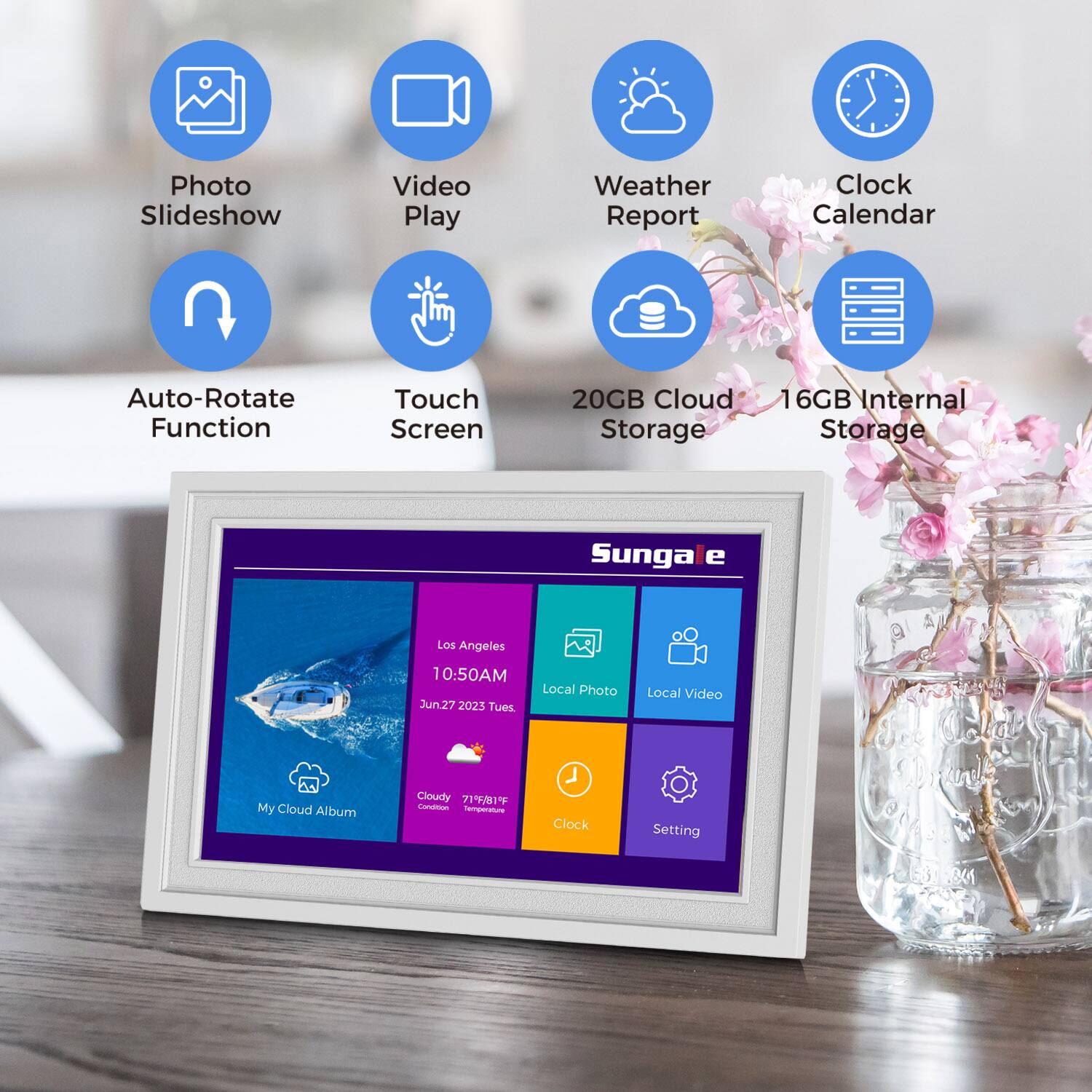 Sure, here is the corrected and grouped text from the image:

**Features:**
- Photo Slideshow
- Video Play
- Weather Report
- Clock Calendar
- Auto-Rotate Function
- Touch Screen
- 20GB Cloud Storage
- 16GB Internal Storage

**Device Information:**
- Sungale e My Cloud Album

**Current Display:**
- Los Angeles
- 10:50AM
- Jun.27 2023 Tues
- Cloudy
- 71°F/81°F
- My Cloud Album

**Additional Options:**
- Local Photo
- Local Video
- Clock
- Setting

**Date and Time:**
- 231604