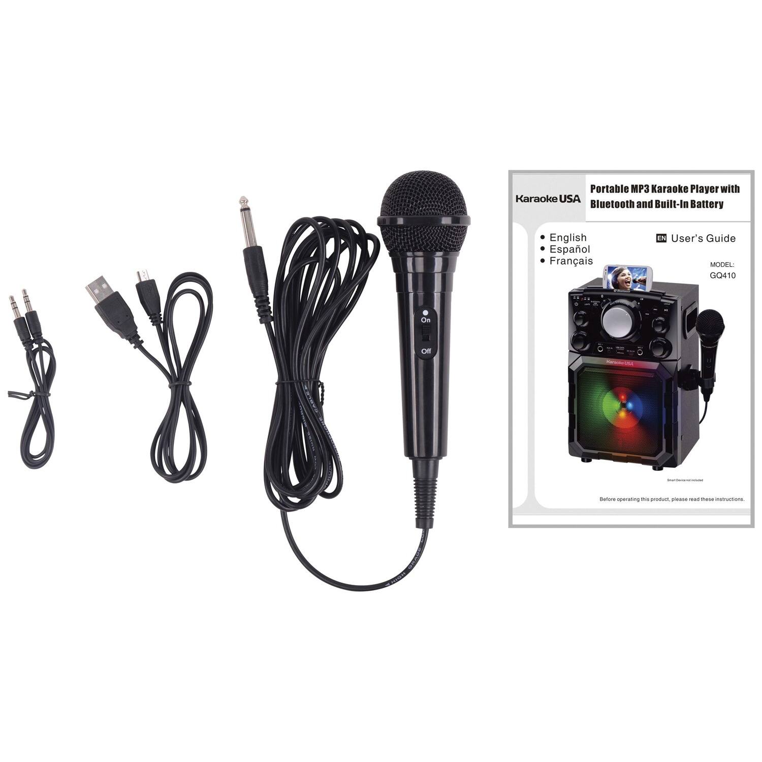 Portable MP3 Karaoke Player with Karaoke USA Bluetooth and Built-In Battery  
English  
Español  
Français  

User's Guide  
MODEL: GQ410  

Before operating this product, please read these instructions.