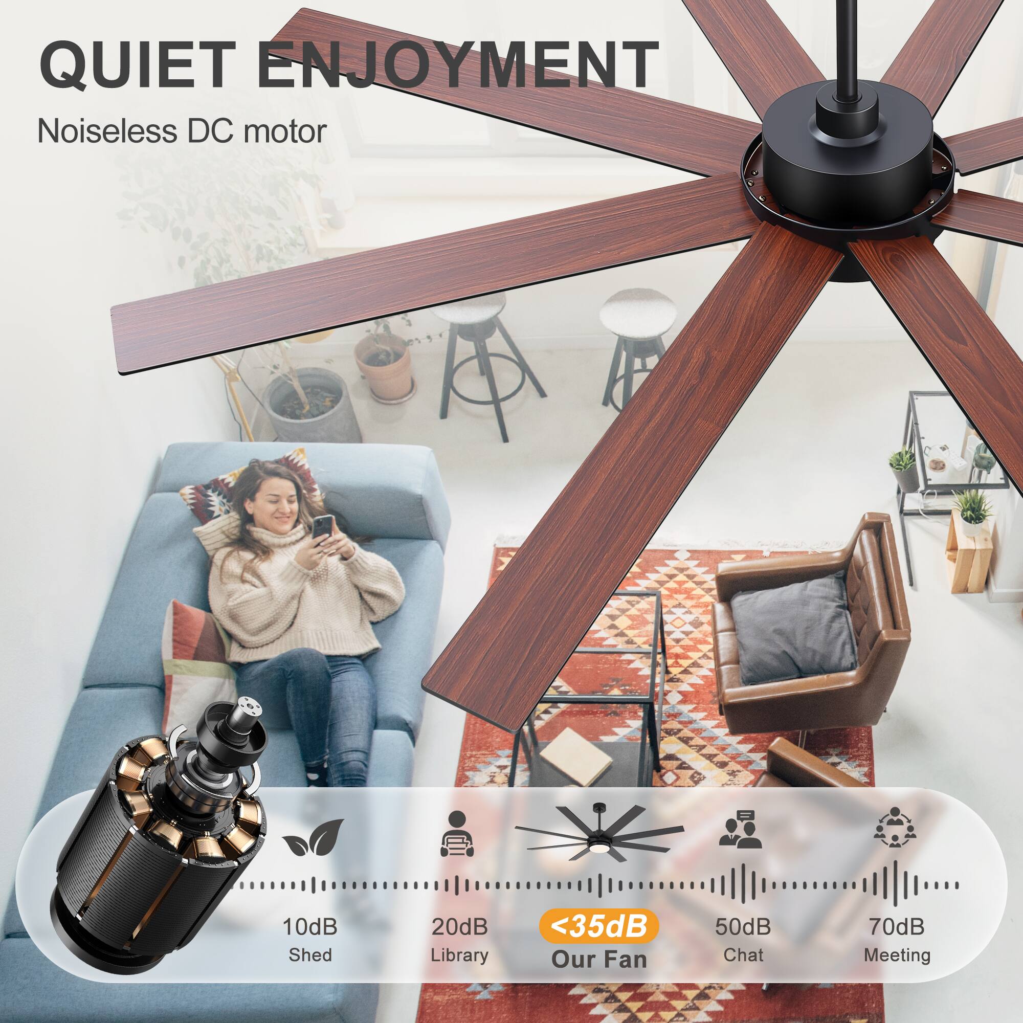 QUIET ENJOYMENT  
Noiseless DC motor

10dB Shed  
20dB Library  
<35dB Our Fan  
50dB Chat  
70dB Meeting