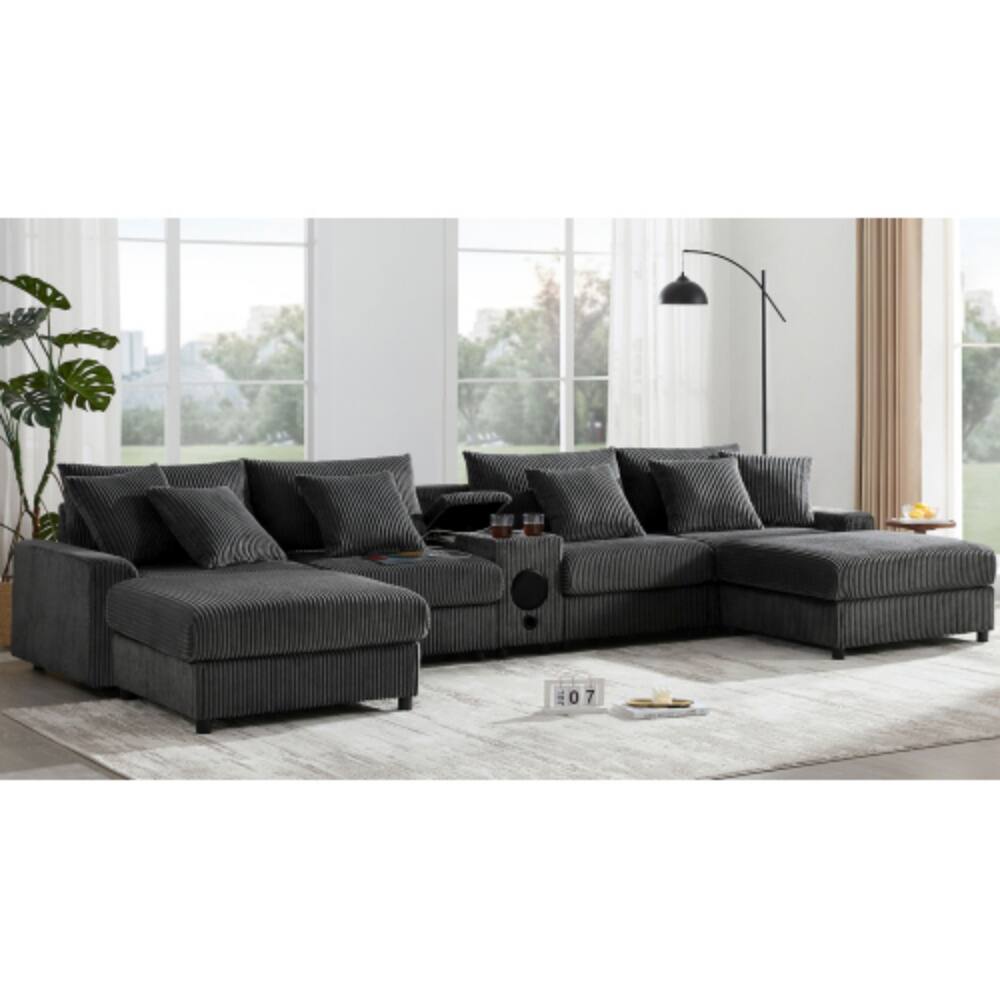Alt View 7. LUCKY ONE - 141.5" U-Shaped Corduroy Sectional Sofa w/ Bluetooth Speakers Console USB Storage Ottoman - Dark Gray.