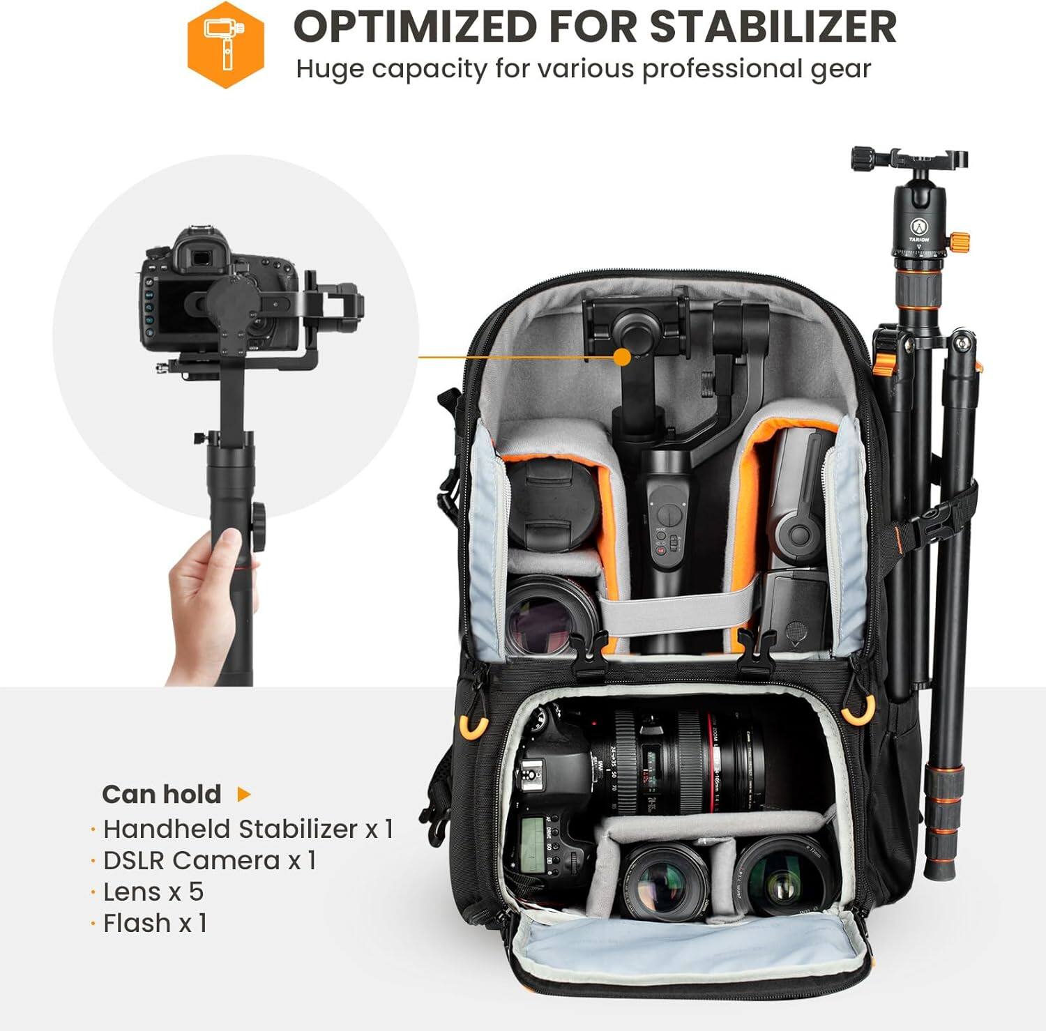 OPTIMIZED FOR STABILIZER  
Huge capacity for various professional gear  

Can hold:  
- Handheld Stabilizer x 1  
- DSLR Camera x 1  
- Lens x 5  
- Flash x 1