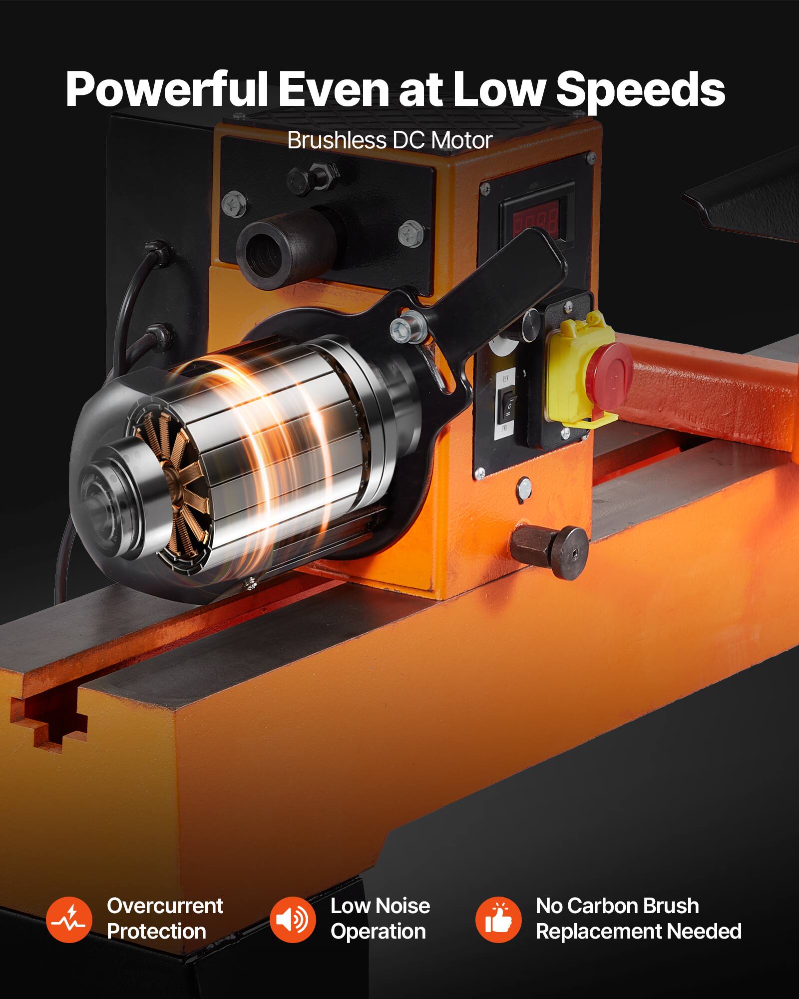 Powerful Even at Low Speeds  
Brushless DC Motor  

- Overcurrent Protection  
- Low Noise Operation  
- No Carbon Brush Replacement Needed