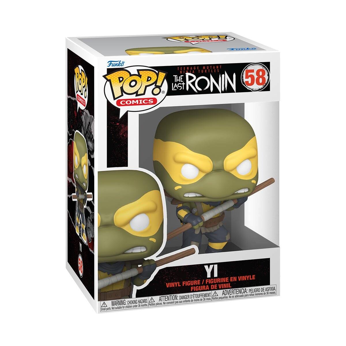 Sure, here is the corrected and grouped text from the image:

---

**Front:**
- Teenage Mutant Ninja Turtles: The Last Ronin
- 58
- POP! Comics
- Vinyl Figure / Figurine en Vinyle / Figura de Vinil
- Warning: Choking Hazard - Small parts. Not for children under 3 years. / Attention: Danger de suffocation - Petites pièces. Ne convient pas aux enfants de moins de 3 ans.

**Side:**
- Funko
- POP! Comics
- 58

**Bottom:**
- Warning: Choking Hazard - Small parts. Not for children under 3 years. / Attention: Danger de suffocation - Petites pièces. Ne convient pas aux enfants de moins de 3 ans.

---