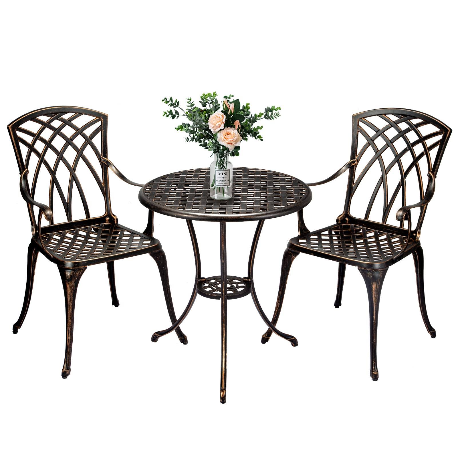 Front. Homhougo - 3-Piece Bistro Set Table Outdoor, Cast Aluminum Bistro Set Two Chairs,Lightweight Maintenance Free Outdoor Seating - Brown.