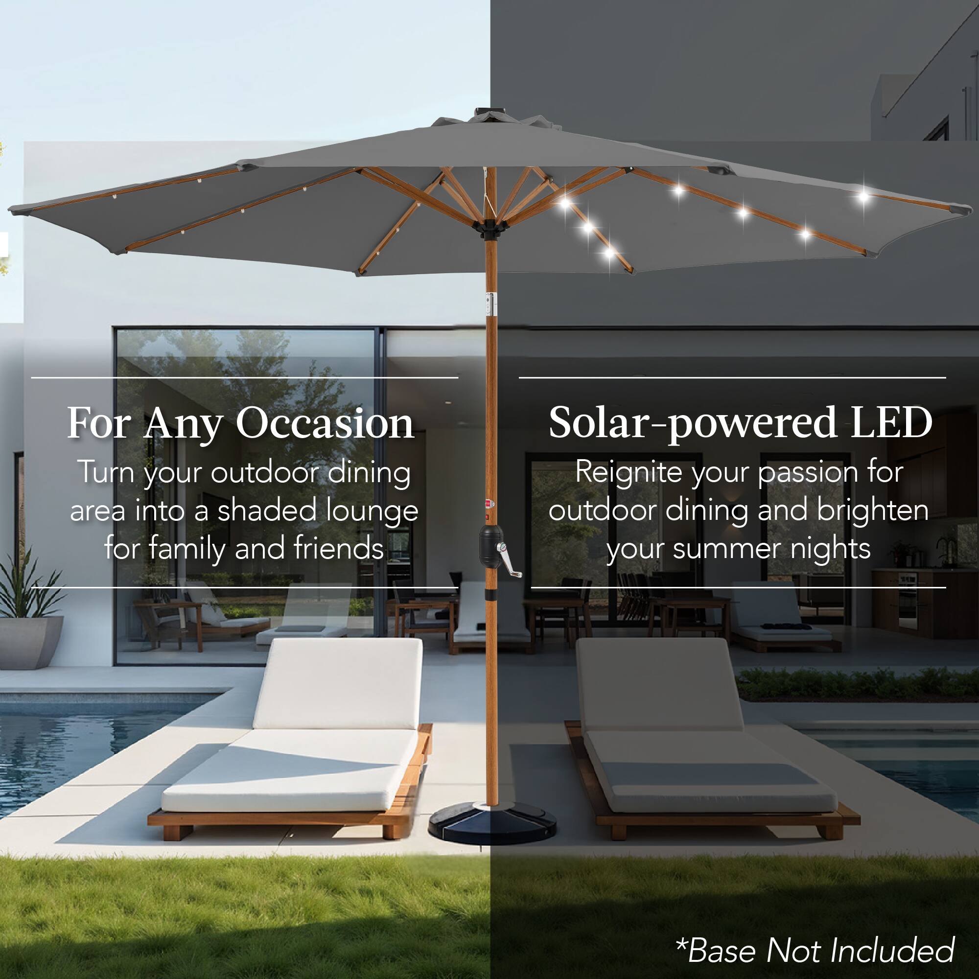 For Any Occasion: Turn your outdoor dining area into a shaded lounge for family and friends. Solar-powered LED: Reignite your passion for outdoor dining and brighten your summer nights. *Base Not Included.