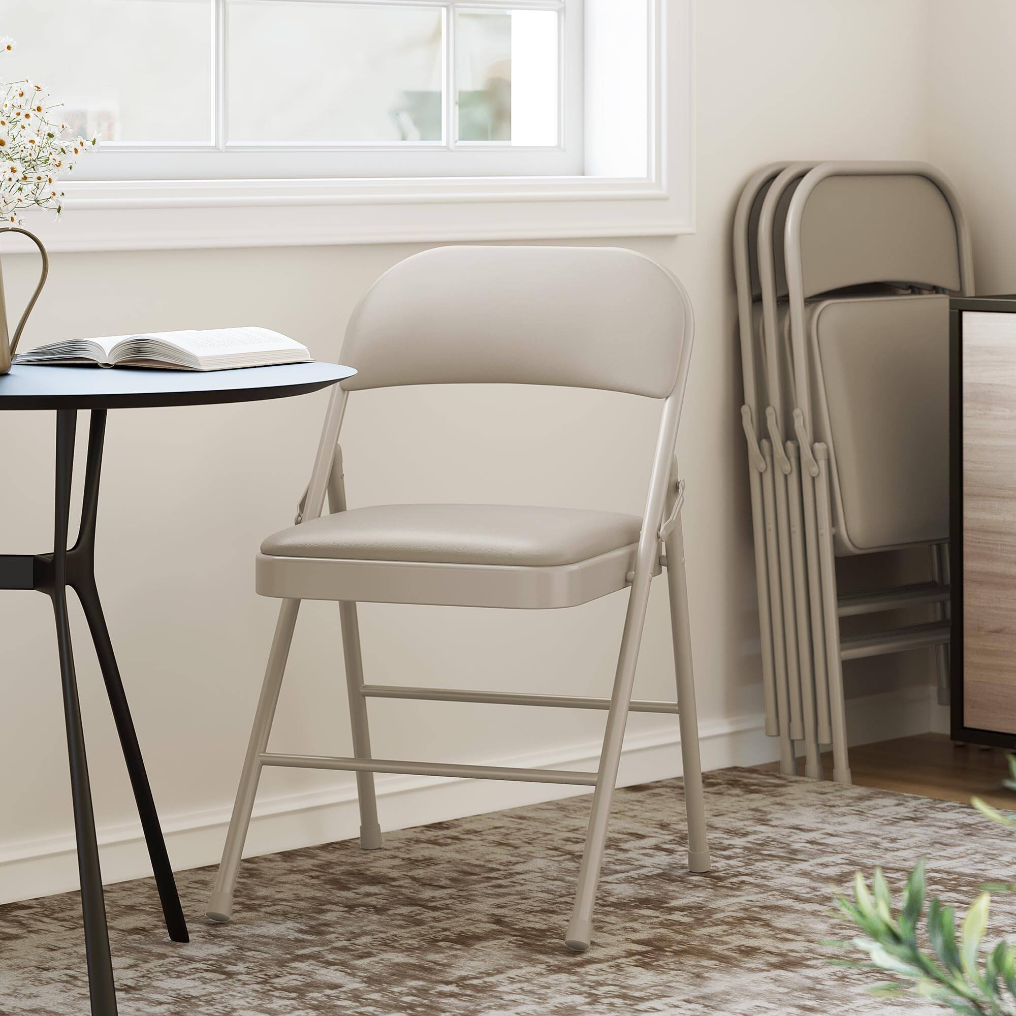 Left. Homhougo - 4 Pack Beige Folding Chairs With Padded Cushion and Back, Folding Chairs for Outside - Beige.