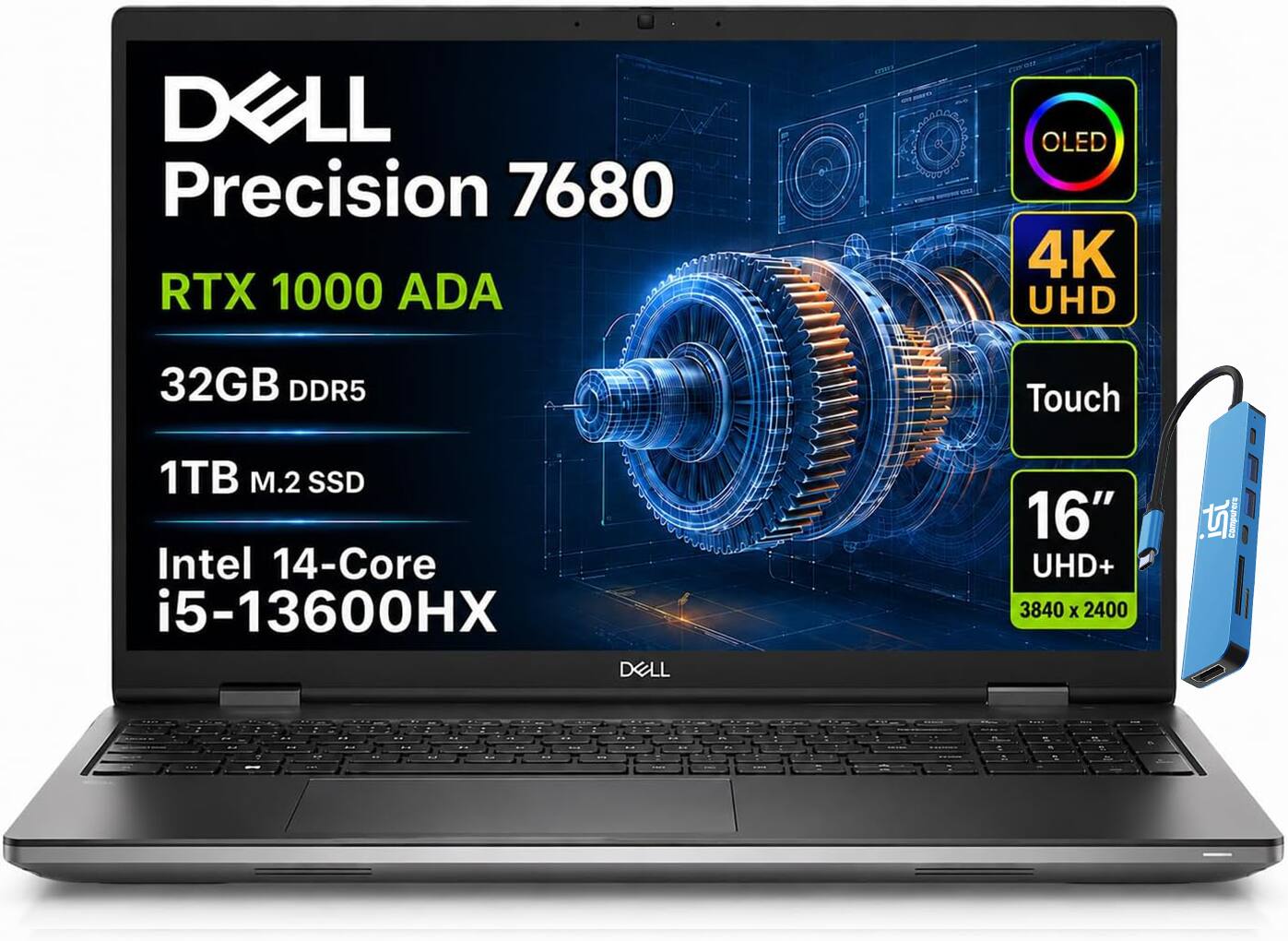 DELL Precision 7680 RTX 1000 ADA  
OLED 4K UHD  
32GB DDR5  
Touch  
1TB M.2 SSD  
Intel 14-Core i5-13600HX  
16" UHD+ 3840 x 2400