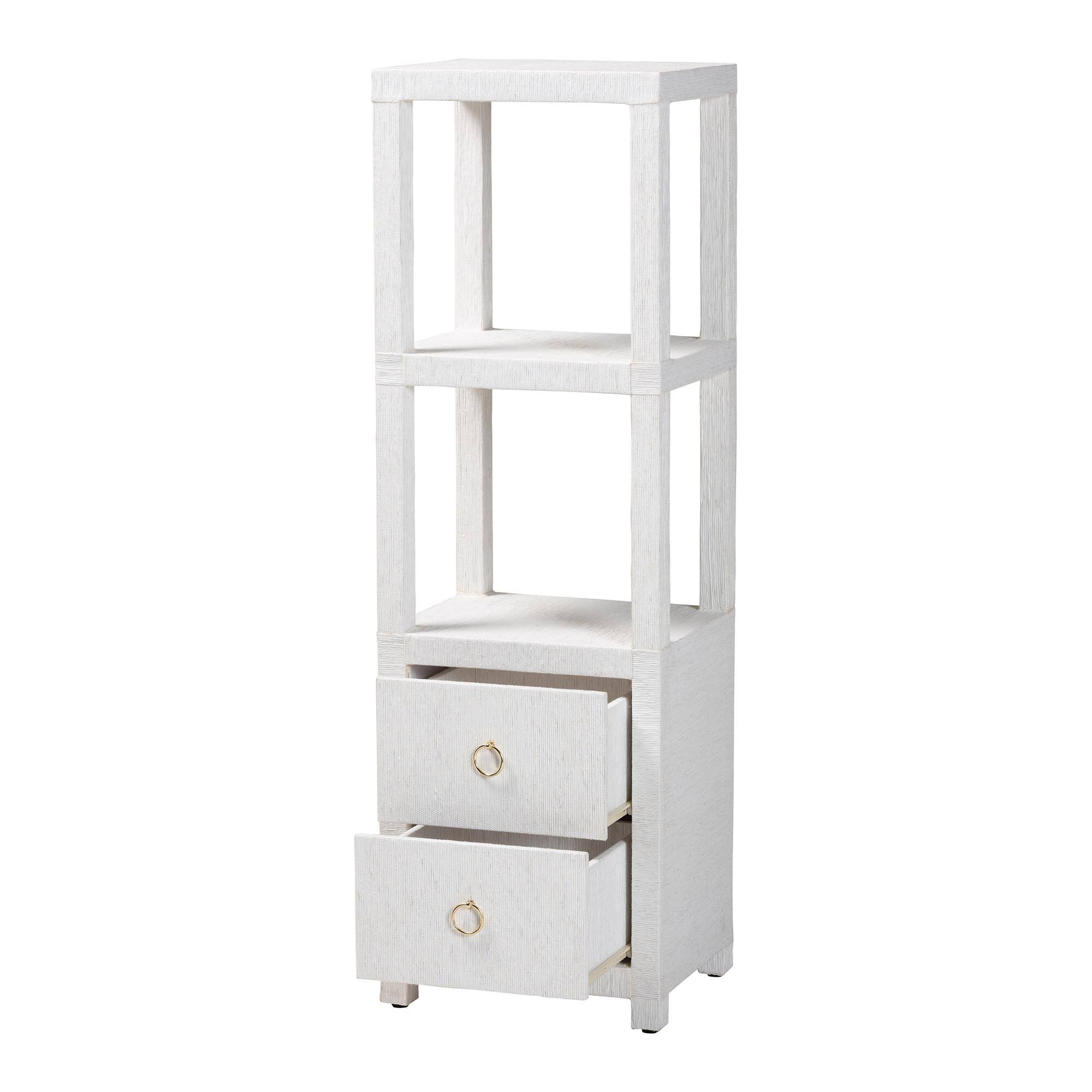 Angle. bali & pari - Xavier Grasscloth Tall Storage Cabinet - Woven Accent Displaying Tower Bookcase with Open Shelves and Drawers - White/Gold.