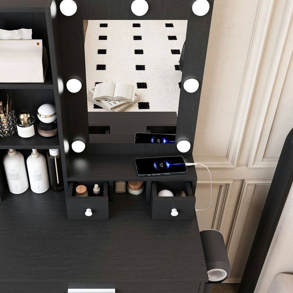 Alt View 7. Kadyn - Compact Vanity Desk with Adjustable LED Mirror and Power Outlet - Black - Black.