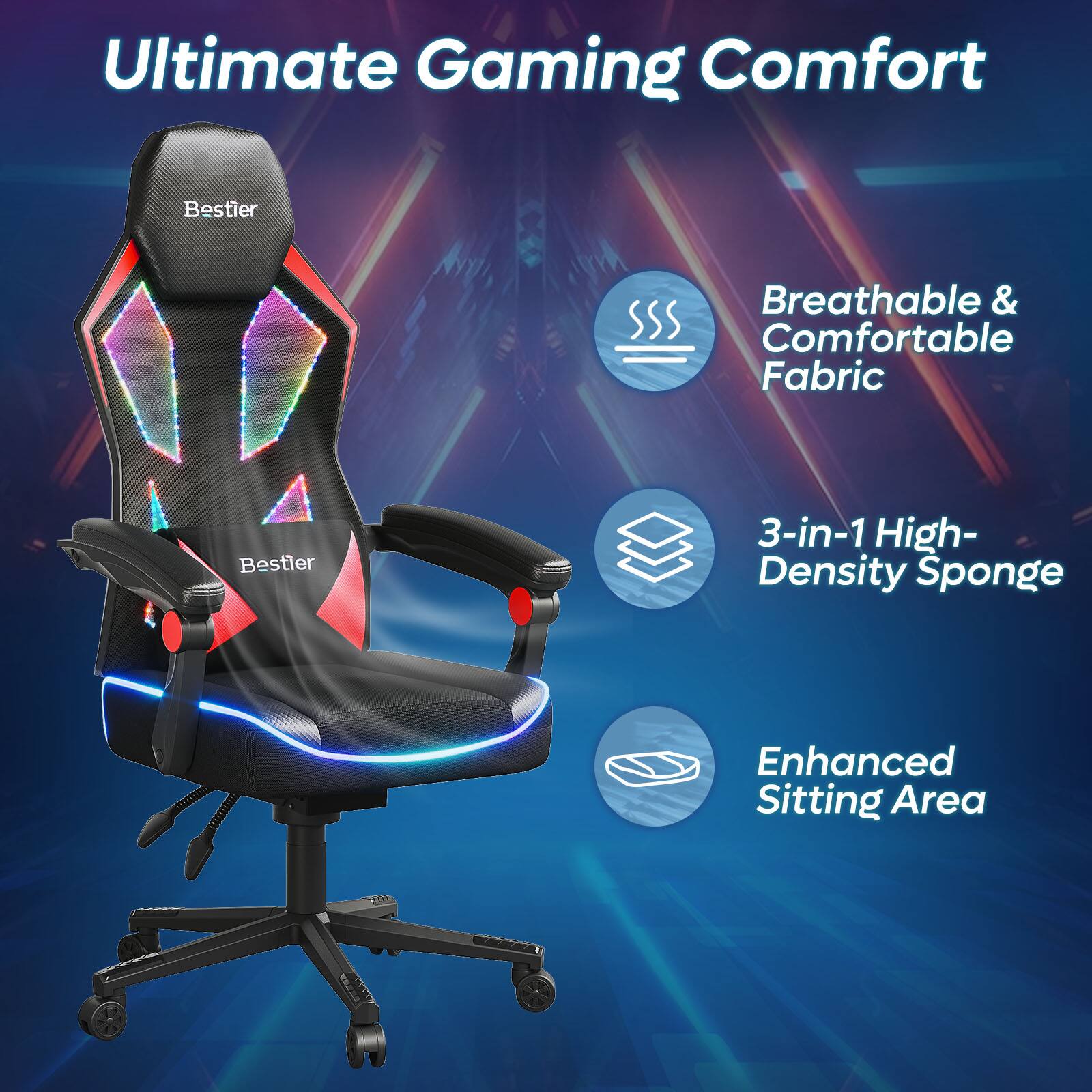 Ultimate Gaming Comfort Bestier Breathable & Comfortable Fabric Bestler 3-in-1 High-Density Sponge Enhanced Sitting Area