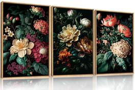 Fabibe - Moody Floral Wall Art Canvas Set, Framed Dark Botanical Wall Painting, Large Black Academia Wall Painting, Academia Art - Dark Botanical 16"L x 24"W