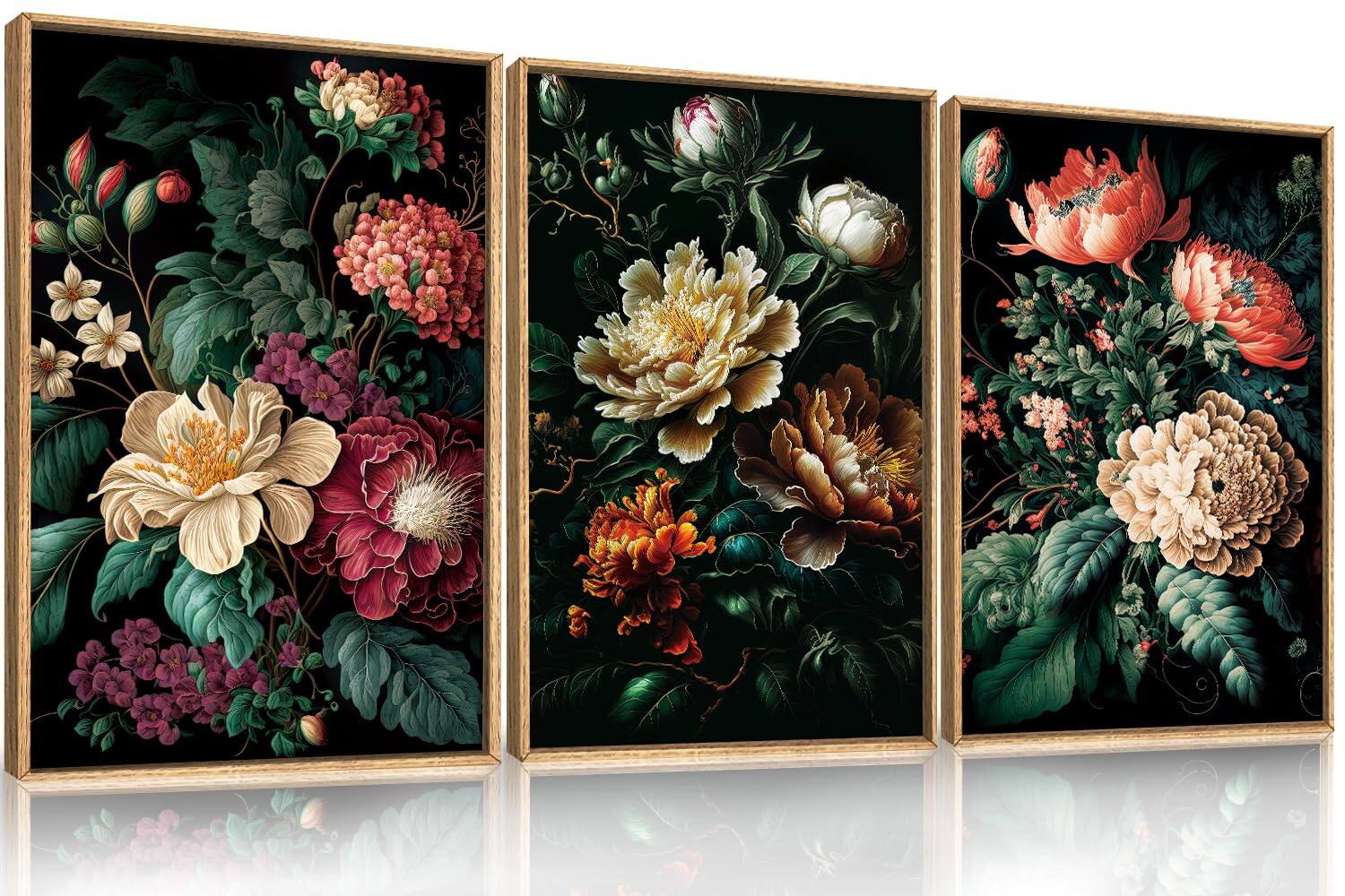 Front. Fabibe - Moody Floral Wall Art Canvas Set, Framed Dark Botanical Wall Painting, Large Black Academia Wall Painting, Academia Art - Dark Botanical 16"L x 24"W.