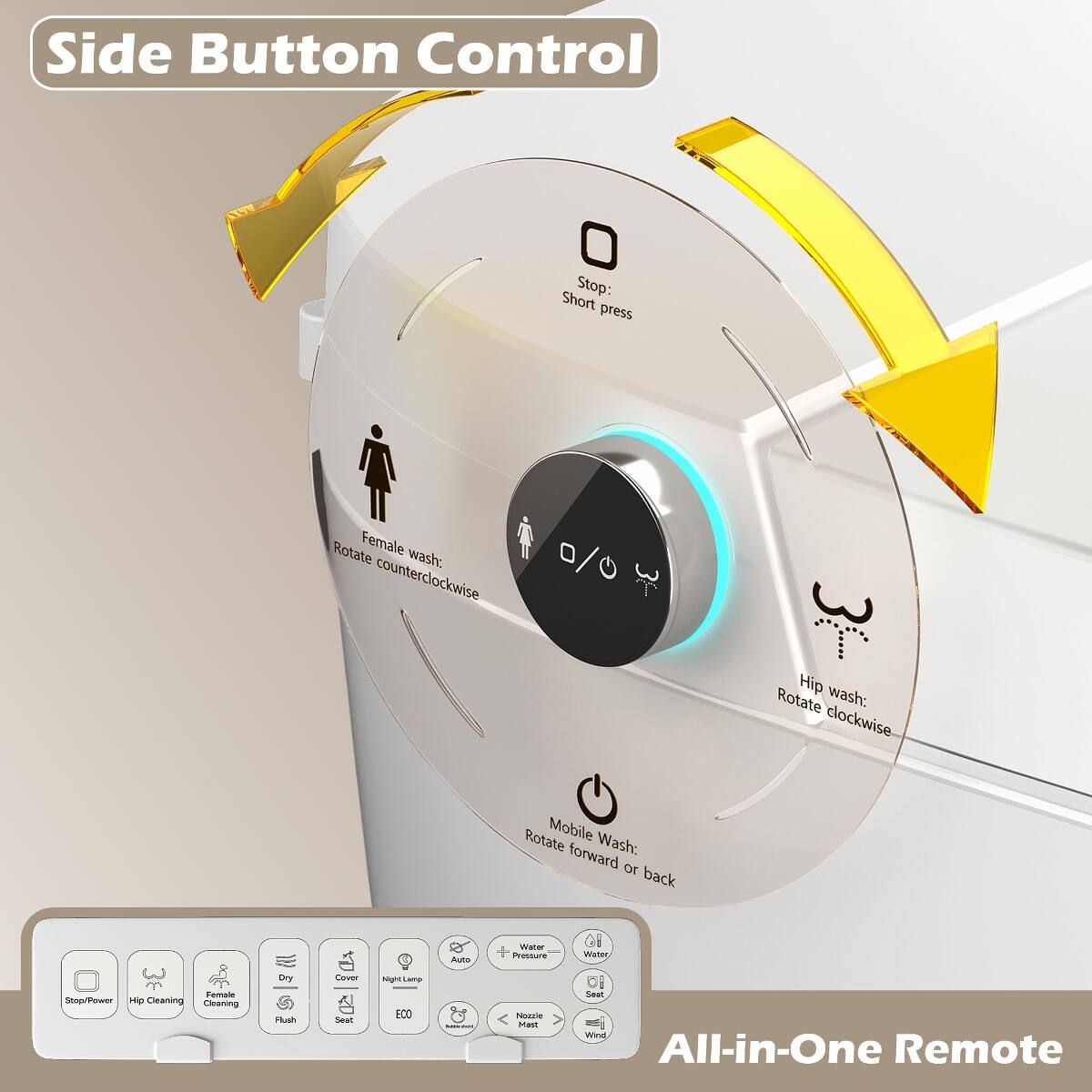 Side Button Control

Short Stop: press

Rotate Female wash: counterclockwise

Rotate Hip wash: clockwise

Rotate Mobile Wash: forward or back

Auto

Water Pressure

Water, Female Stop/Power Hip Cleaning

Dry Flush

Cover Seat

Night Lamp ECO

Nozzle Mast

I Seat Wind

All-in-One Remote