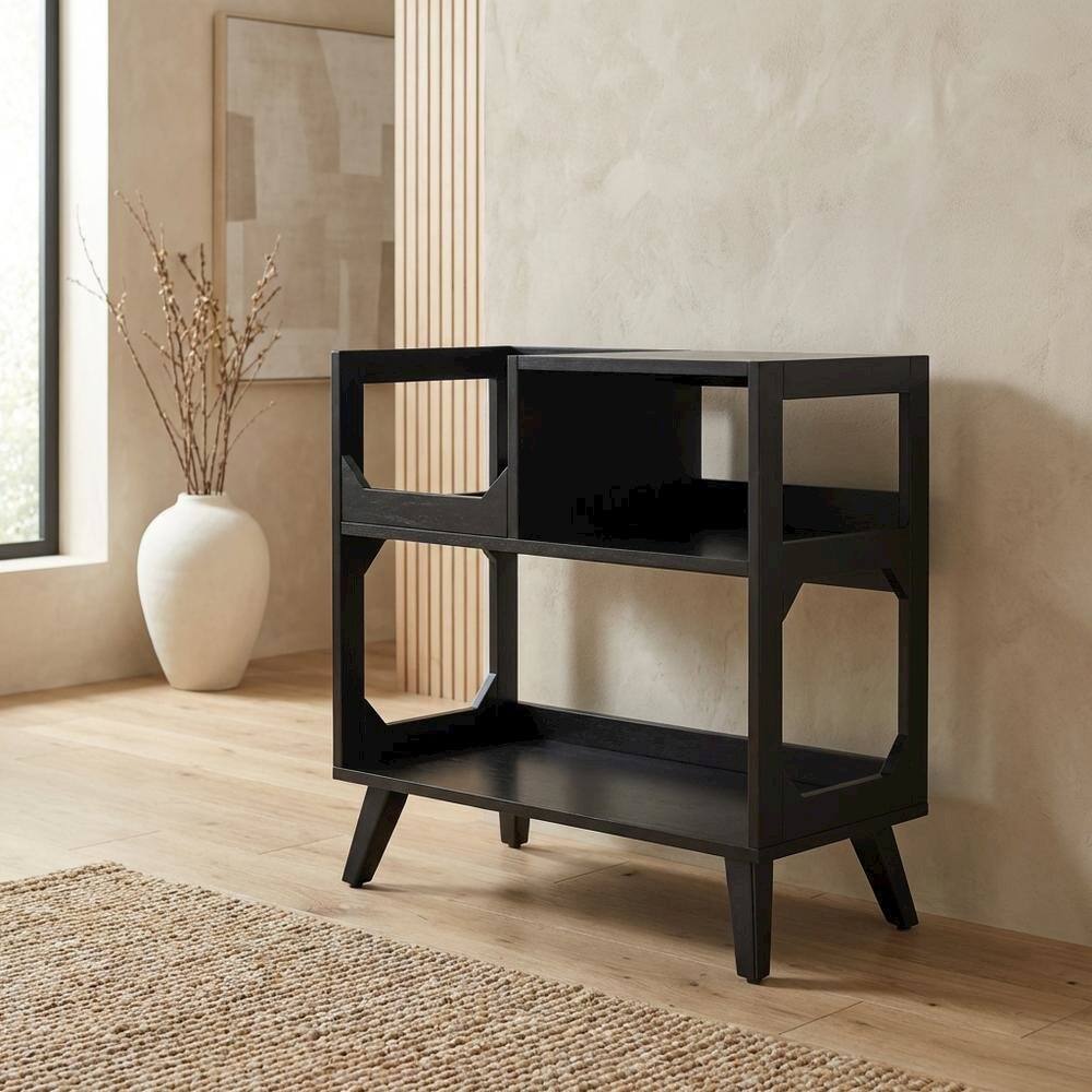 Alt View 4. FurniFact - Compact Record Player Stand with Vinyl Storage and Modern Design - Black.