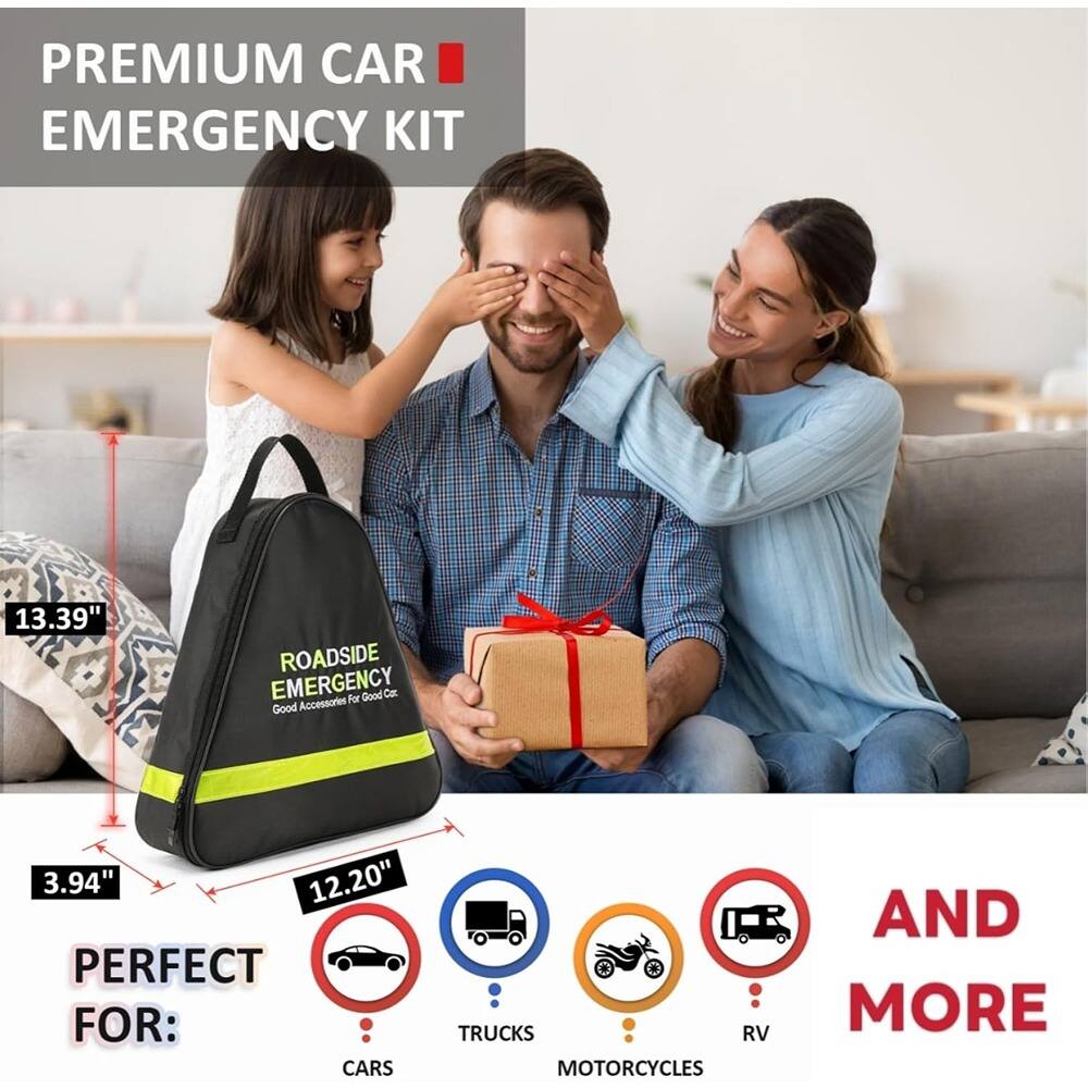 PREMIUM CAR EMERGENCY KIT

ROADSIDE EMERGENCY  
Good Accessories For Good Care

13.39"  
3.94"  
12.20"

PERFECT FOR:  
CARS  
TRUCKS  
RV  
MOTORCYCLES  
AND MORE