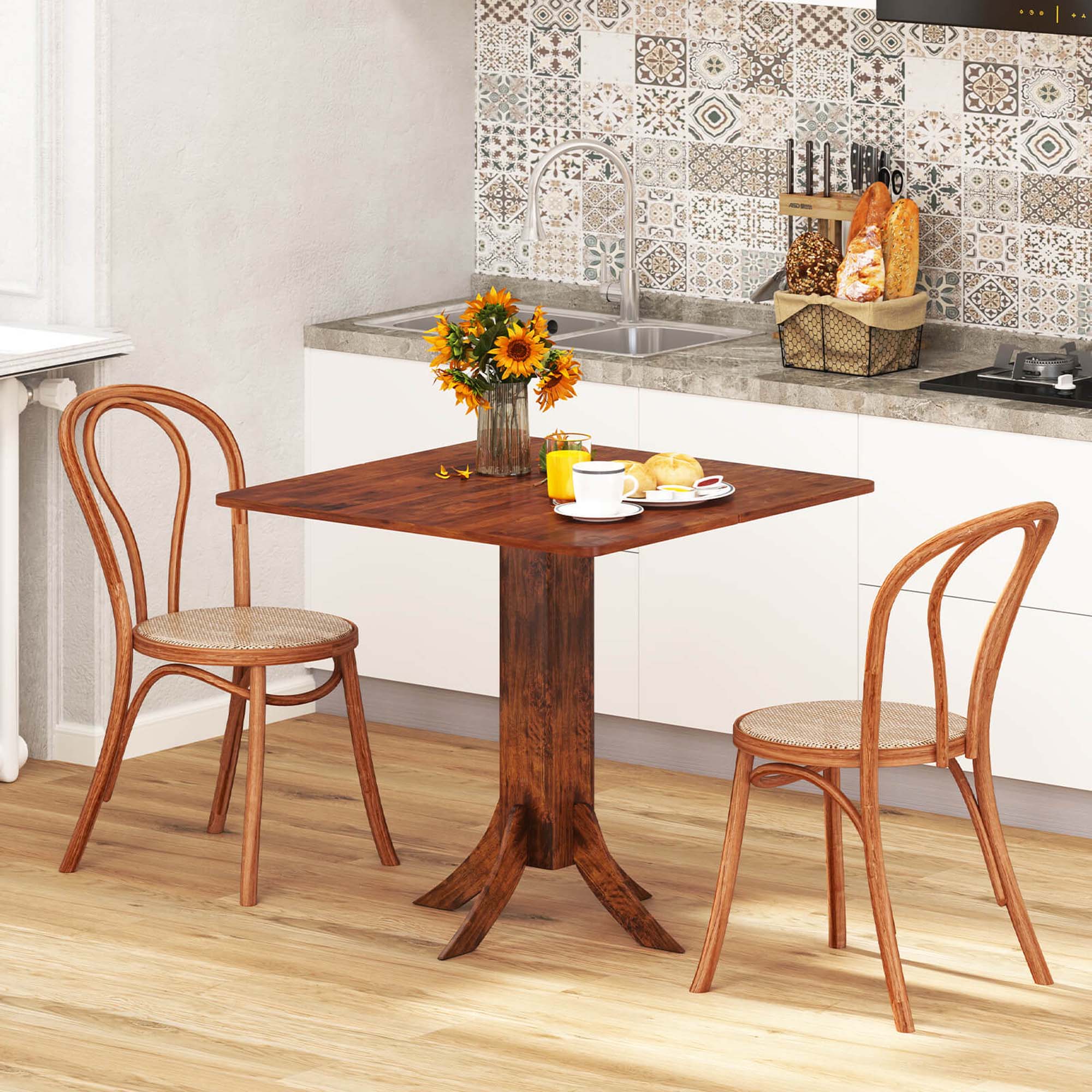 Angle. Costway - Square Dining Table with Pedestal Base 33" Wooden Kitchen Table for 2-4 People - Brown.