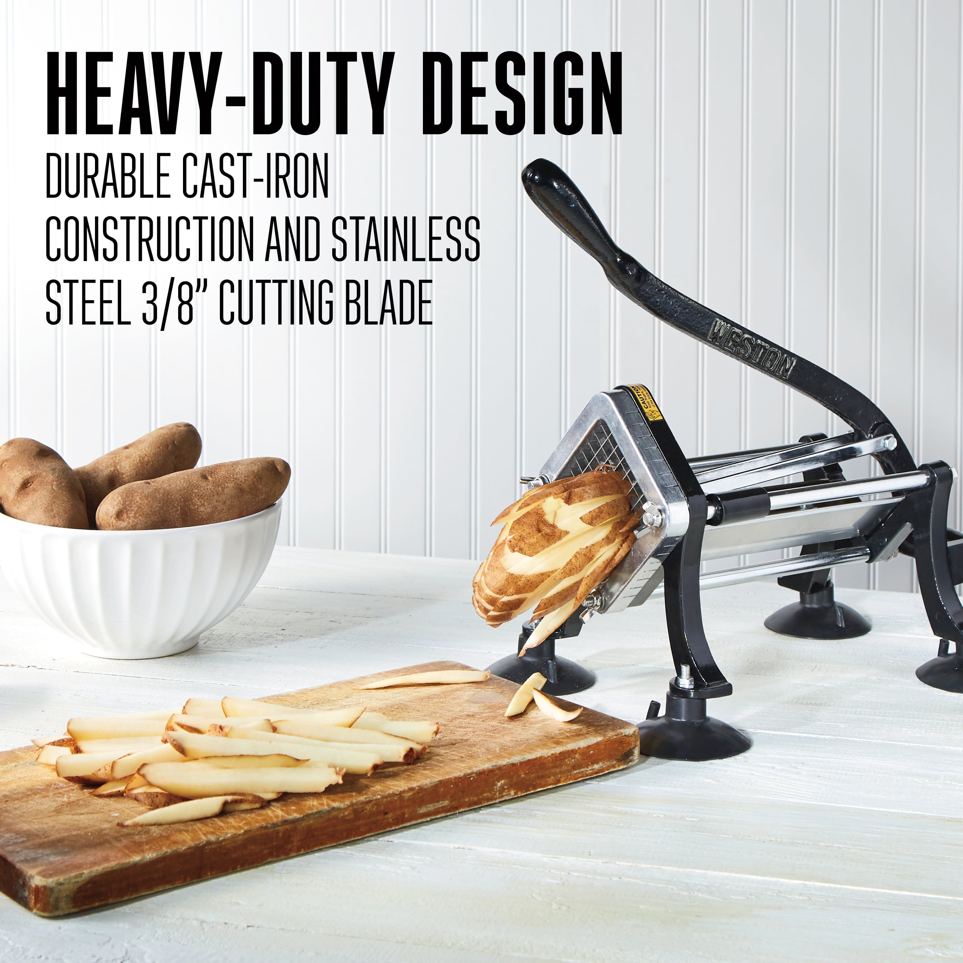 HEAVY-DUTY DESIGN
DURABLE CAST-IRON CONSTRUCTION AND STAINLESS STEEL 3/8" CUTTING BLADE