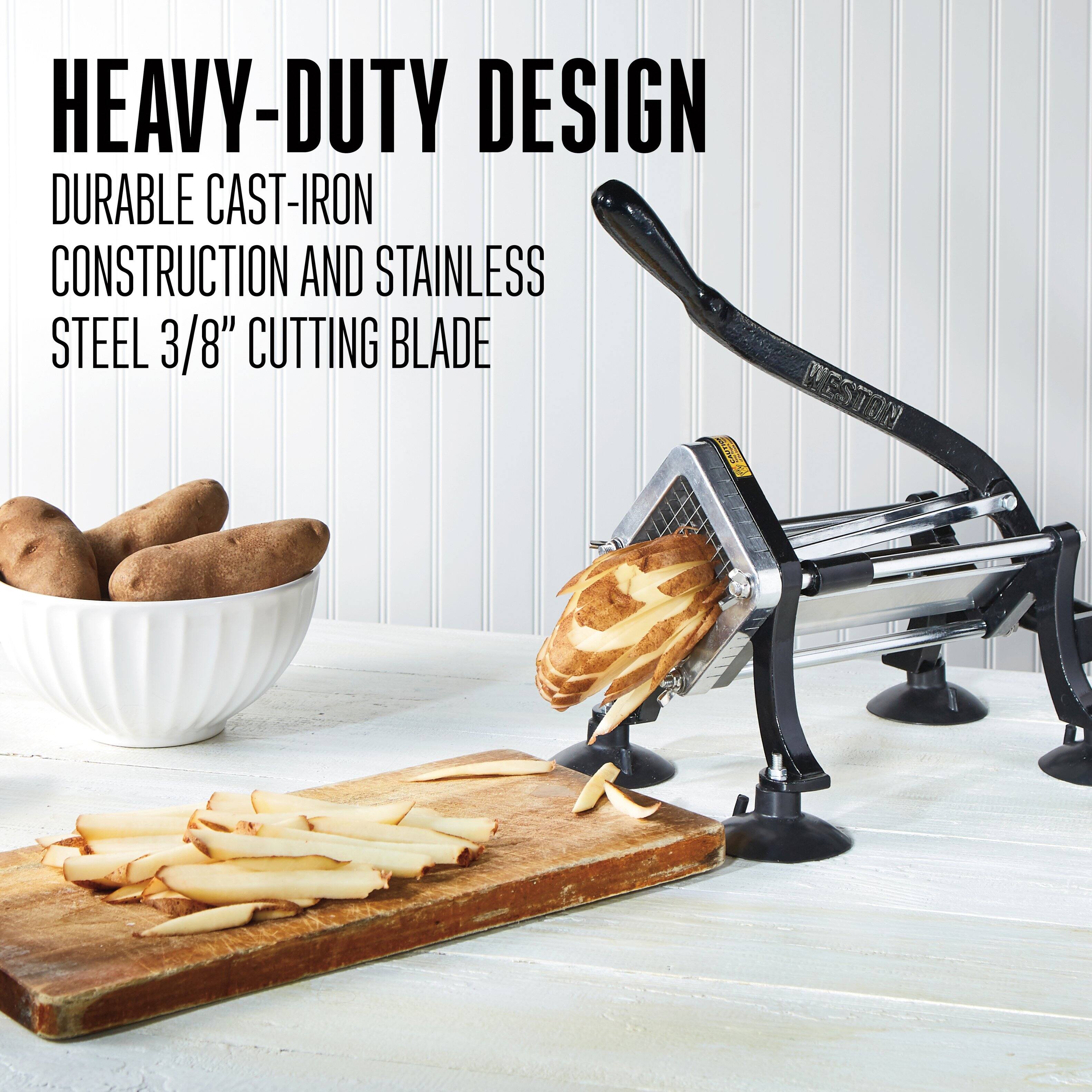 HEAVY-DUTY DESIGN  
DURABLE CAST-IRON CONSTRUCTION AND STAINLESS STEEL 3/8" CUTTING BLADE