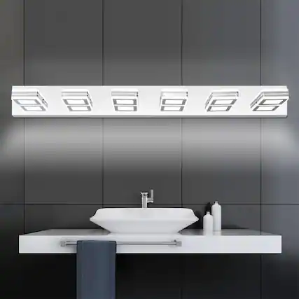 Front. LUCKY ONE - 39in Wall Mount LED Vanity Light, 6-Light Chrome Fixture with Square Acrylic Shades for Bathroom - Chrome.