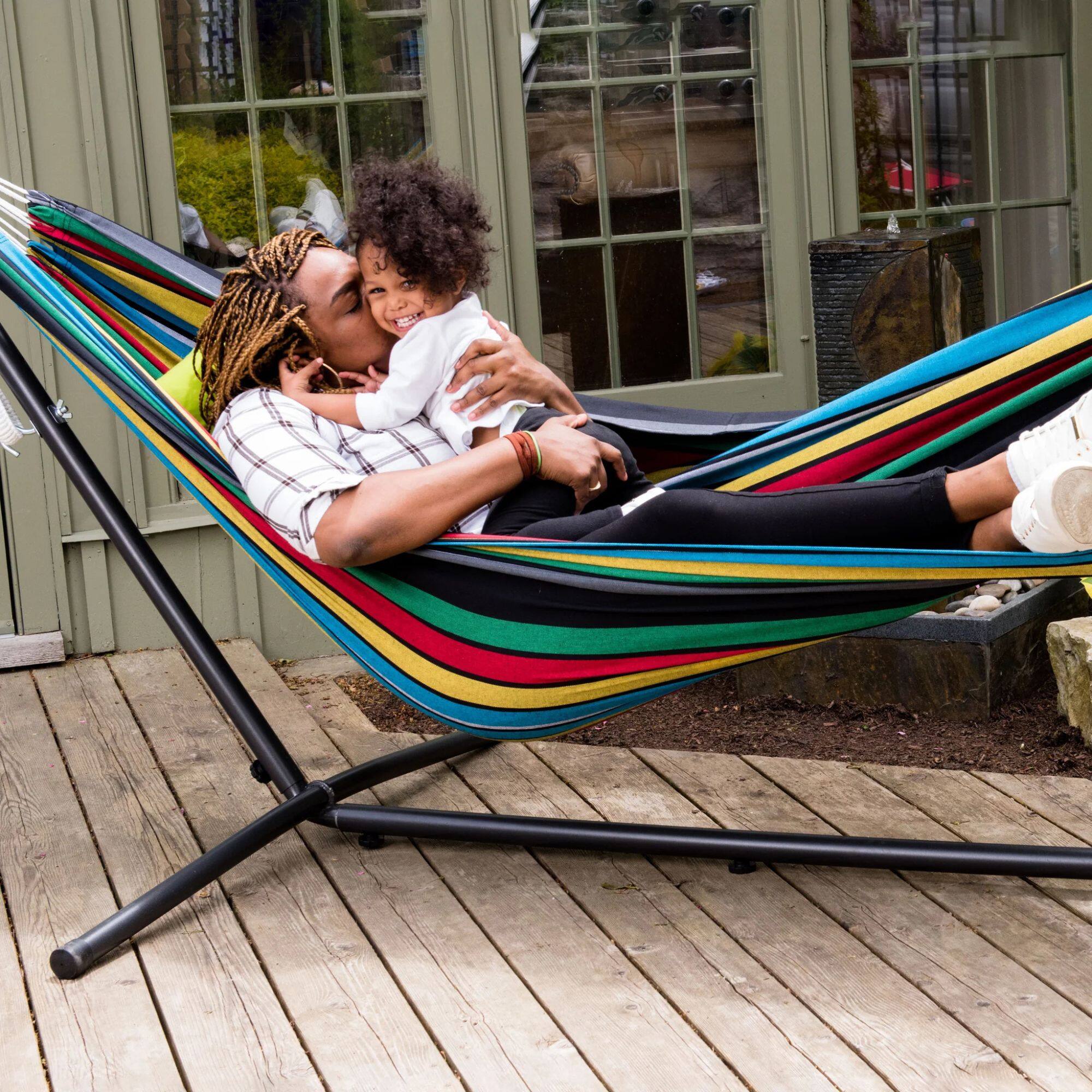 Alt View 3. Vivere - Vivere Double Cotton Hammock, Comfortable Daybed with Steel Stand, 9', Rio Night - Rio Night.