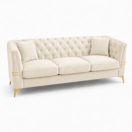 Anysun - 82.7" Velvet 3-Seat Chesterfield Sofa with Gold Legs - Modern Tufted Design, Includes 2 Pillows. - Cream
