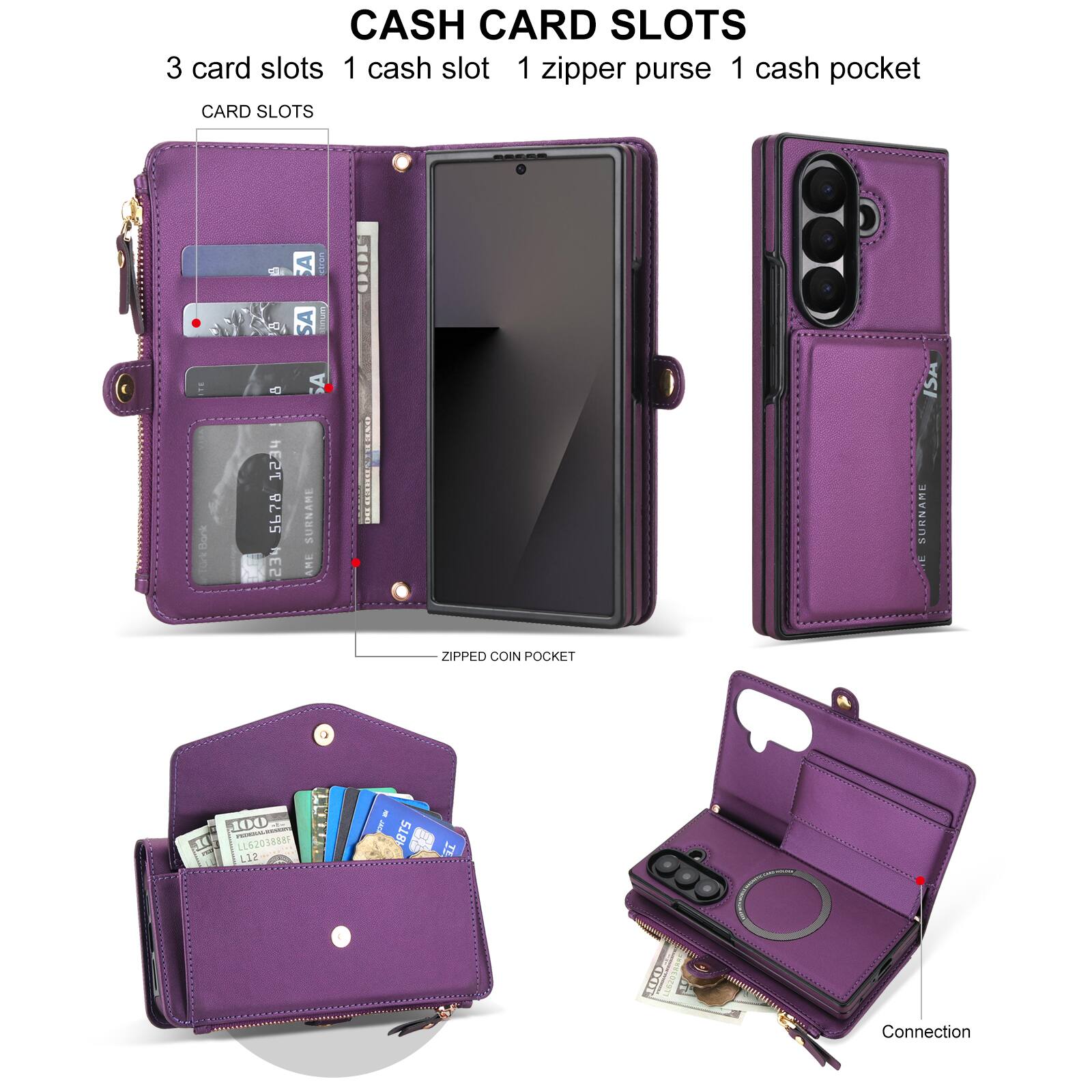 CASH CARD SLOTS  
3 card slots  
1 cash slot  
1 zipper purse  
1 cash pocket  

CARD SLOTS  

BREAN  
SA  
Mark sTork  
1234 5678 53d  

SURNAME AME  
adidas XXXXXXXXXXXX  
SURNAME DE  

ZIPPED COIN POCKET  
100 LL6203888F LI2  

PER JACK BTS  
SI  
LLOJOS  

Connection