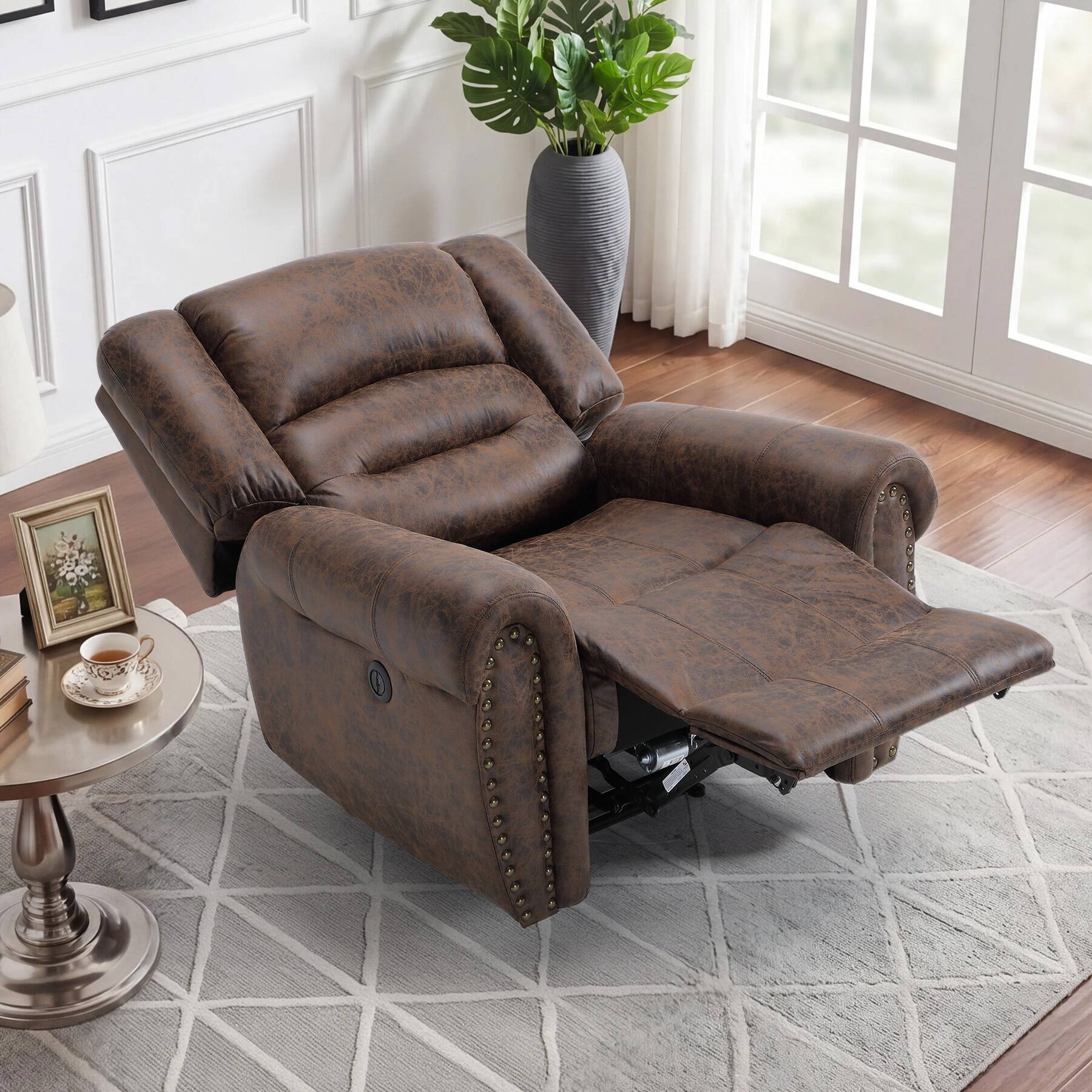 Angle. Bestier - 2 Pack 40.5 in. W Brown Vegan Leather Manual Power Recliner with Nailhead Trim and USB Port - Brown.