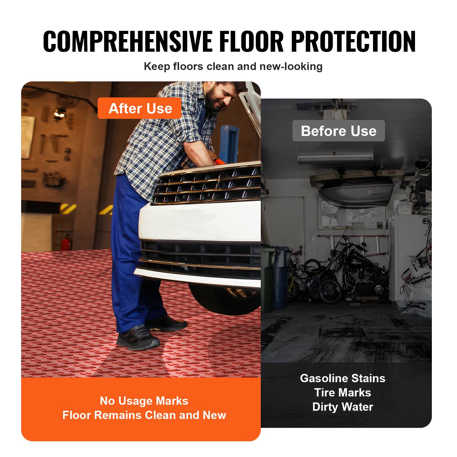 COMPREHENSIVE FLOOR PROTECTION  
Keep floors clean and new-looking

After Use  
No Usage Marks  
Floor Remains Clean and New

Before Use  
Gasoline Stains  
Tire Marks  
Dirty Water