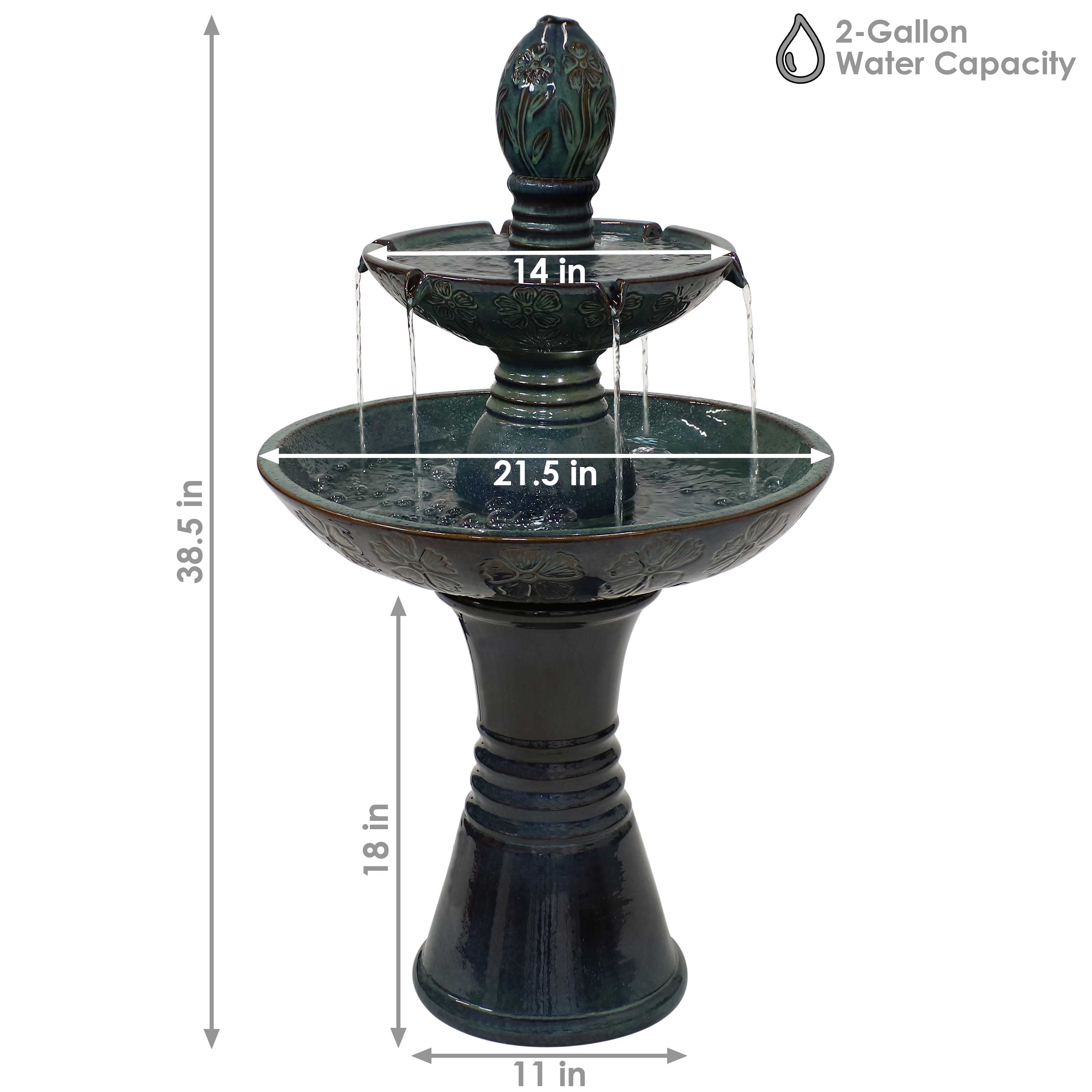2-Gallon Water Capacity

- Height: 38.5 in
- Top Bowl Diameter: 21.5 in
- Middle Bowl Diameter: 14 in
- Base Diameter: 11 in