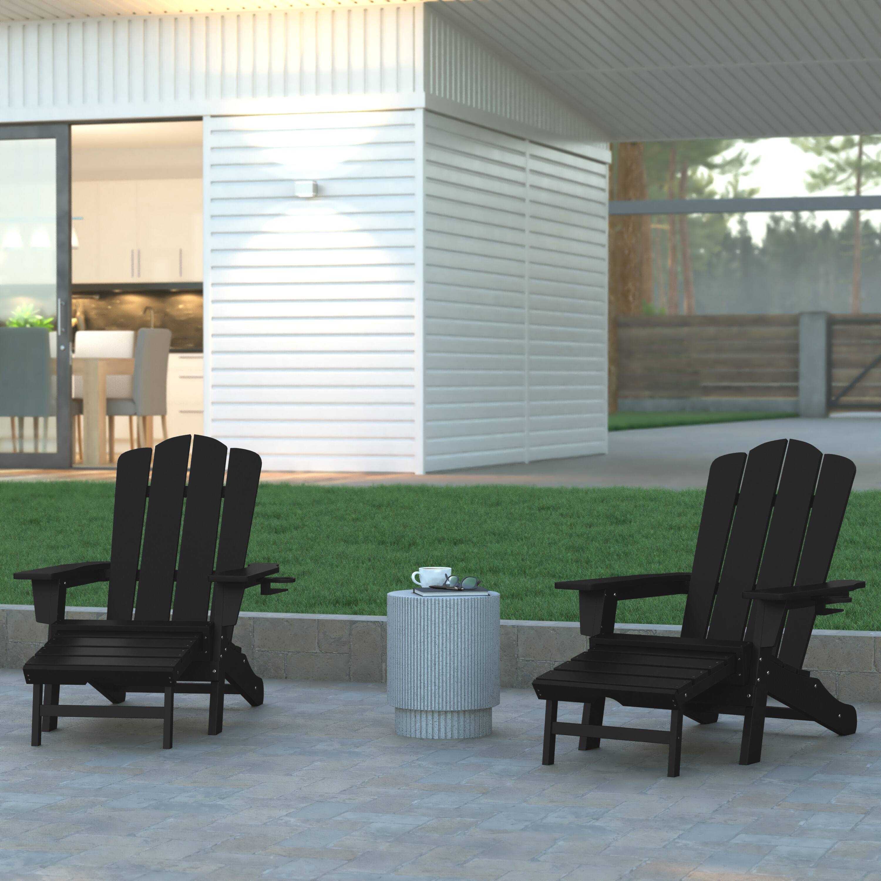 Alt View 3. Emma + Oliver - Haley Adirondack Chair with Cup Holder and Pull Out Ottoman, All-Weather HDPE Indoor/Outdoor Lounge Chair - Black.