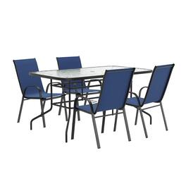 Flash Furniture - Brazos 5 Piece Outdoor Patio Dining Set - 55" Tempered Glass Patio Table with Umbrella Hole, 4 Navy Flex Comfort Stack C - Blue