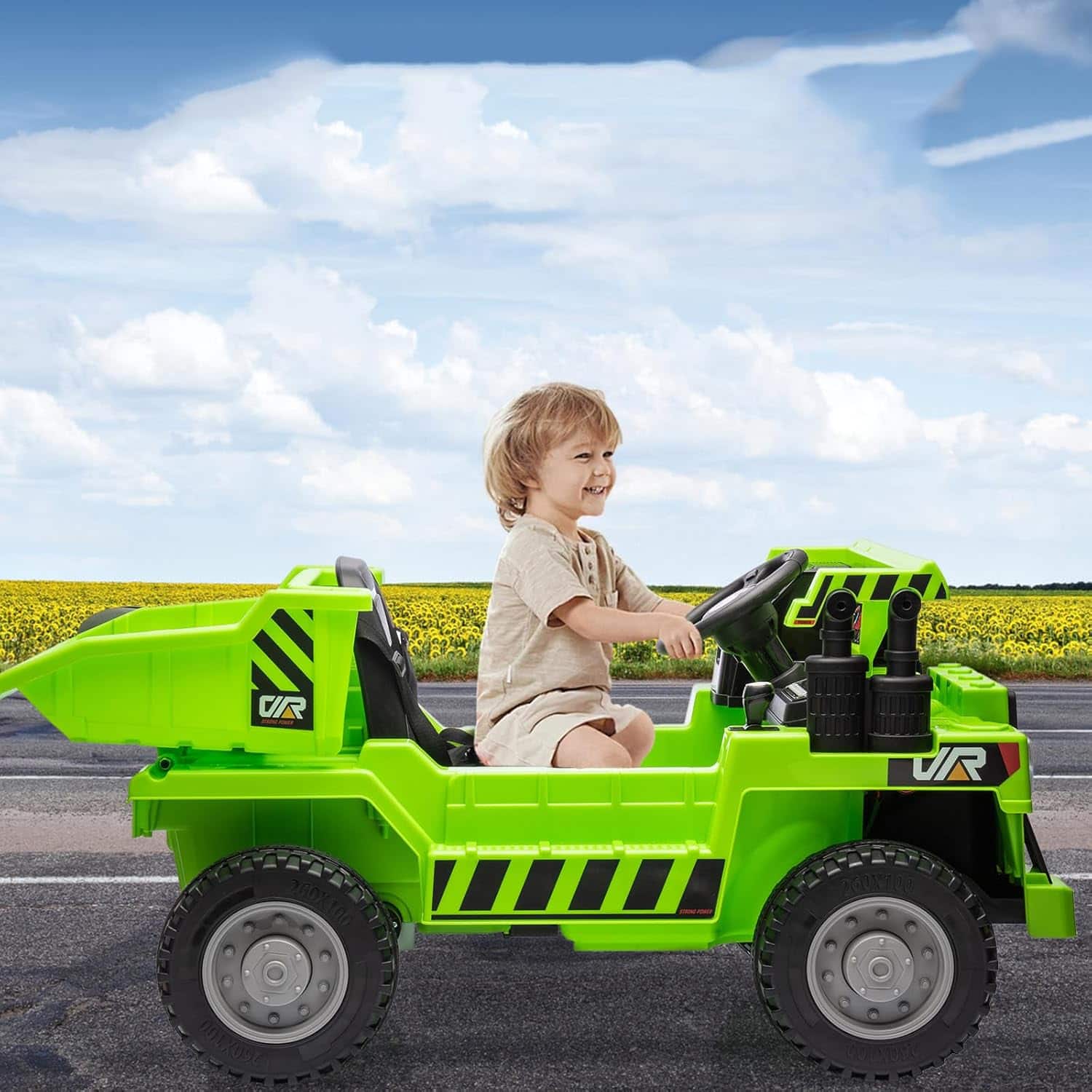 Homhougo - 12V Electric Ride-On Dump Truck with Remote, 4WD, Power Dump Bed & Shovel, 2 Speeds, Bluetooth Music, Gift for Boys