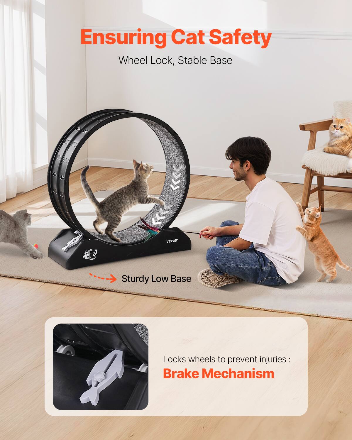 Ensuring Cat Safety  
Wheel Lock, Stable Base  

Sturdy Low Base  

Locks wheels to prevent injuries:  
Brake Mechanism