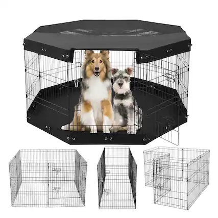Front. VEVOR - Dog Playpen, 8 Pcs 30"H x 24"W Panels Foldable Metal Pet Exercise Pen, Dog Fence Indoor and Outdoor Pen with Door.