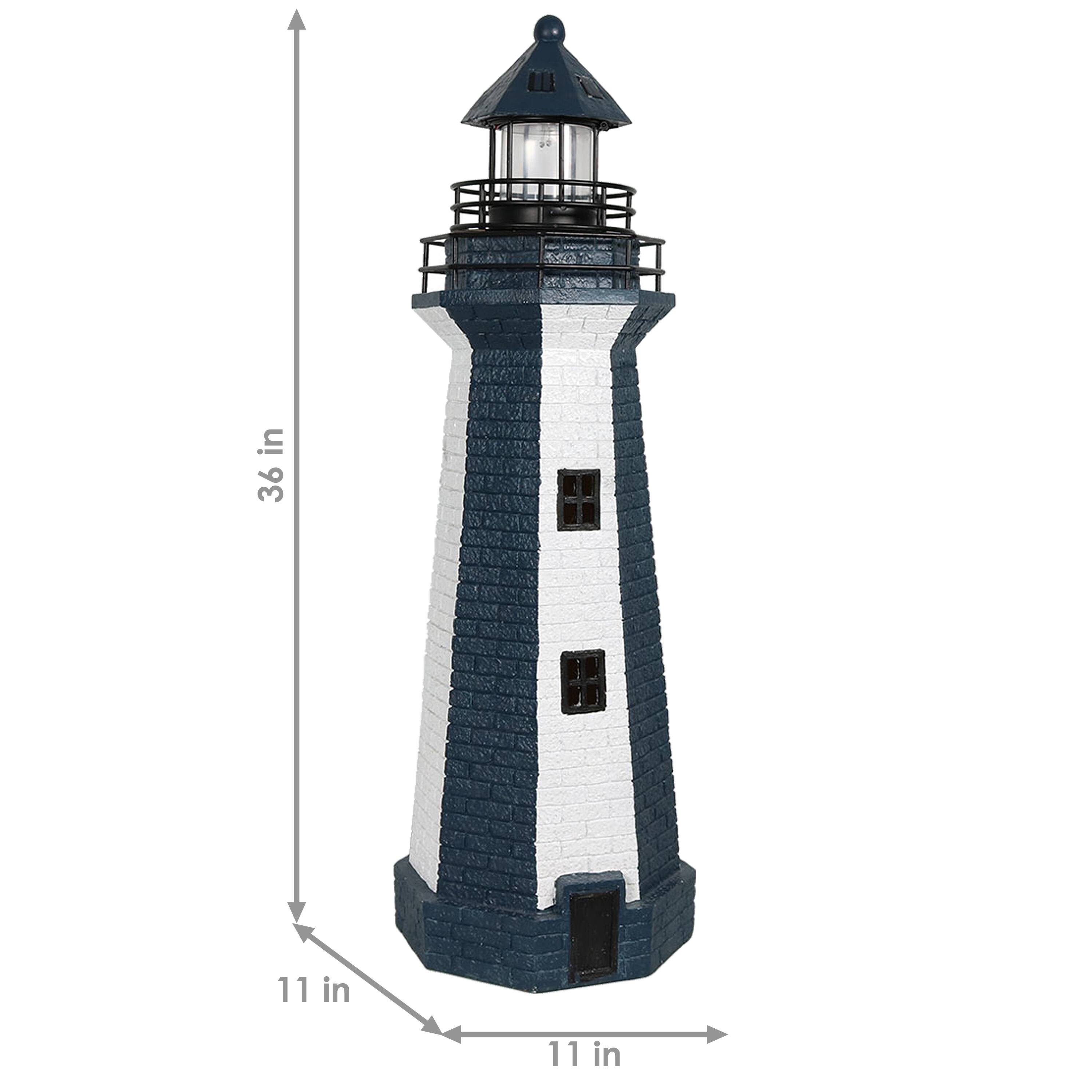 Alt View 2. Sunnydaze - 36 in Resin and Metal Solar LED Lighthouse Statue - Blue Stripe.
