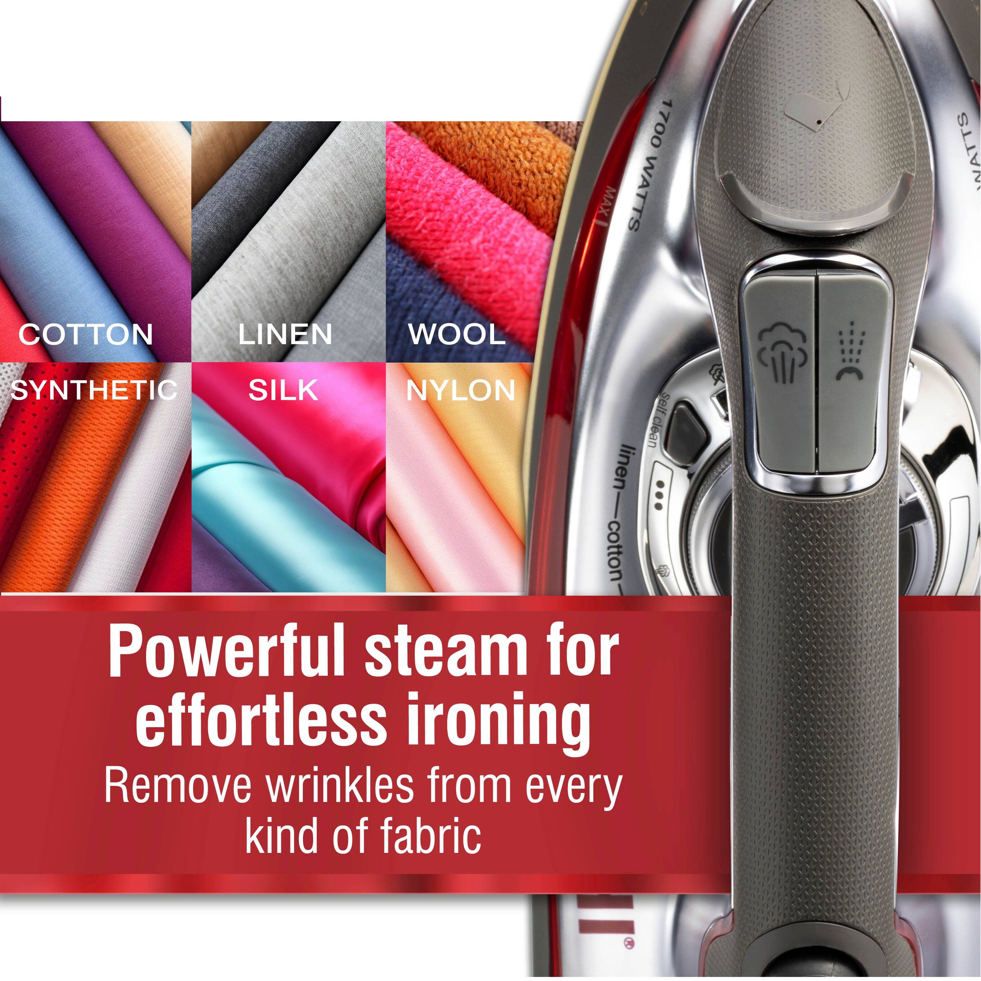 1700 MAX WATTS  
COTTON LINEN WOOL SYNTHETIC SILK NYLON  
self clean linen ... linen-cotton cotton  
Powerful steam for effortless ironing  
Remove wrinkles from every kind of fabric