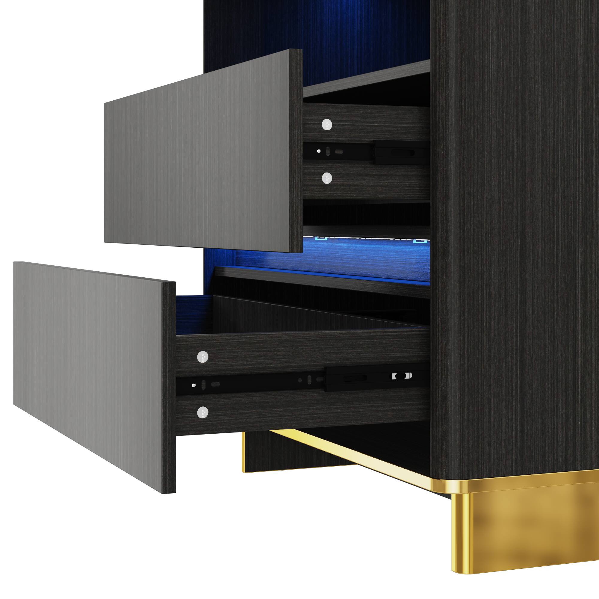 Alt View 4. Famapy - Modern Nightstand with LED Light & Charging Hub, Marble-Top Bedside Cabinet with Gold Legs & 2 Drawers Furniture - Black.
